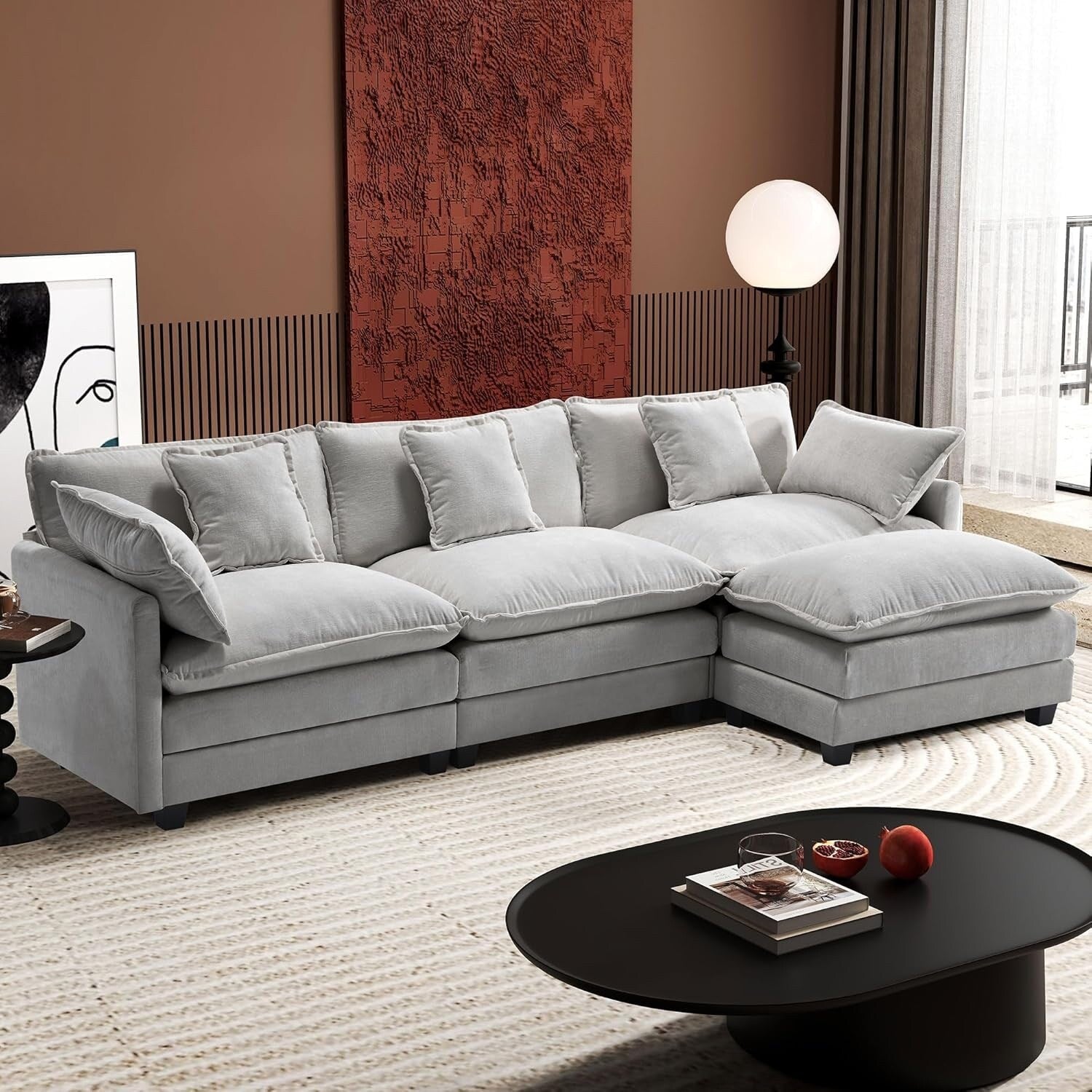 Canapé sectionnel Cloud en L 111.4 avec pouf - Canapé 4 places en chenille pour salon