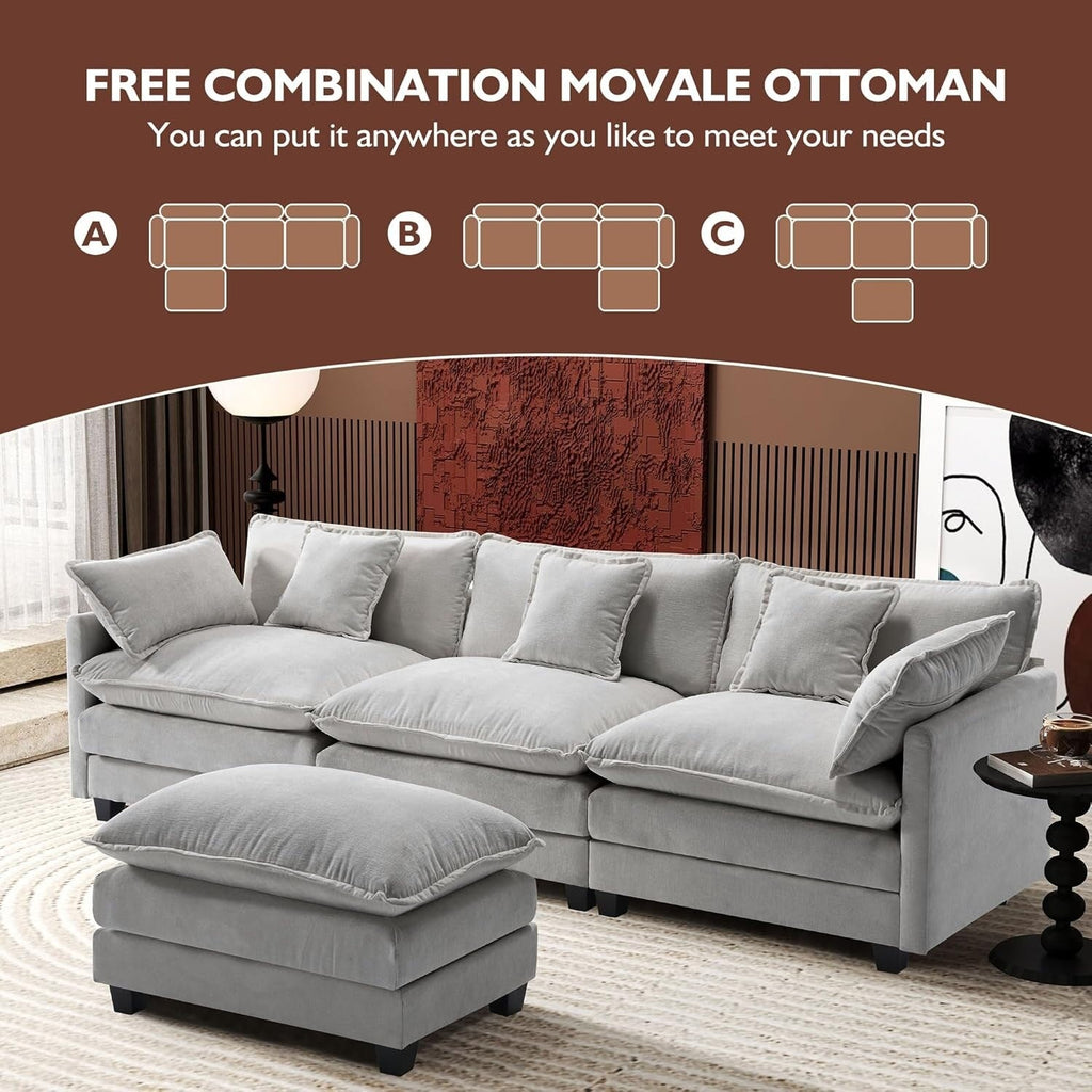 Canapé sectionnel Cloud en L 111.4 avec pouf - Canapé 4 places en chenille pour salon