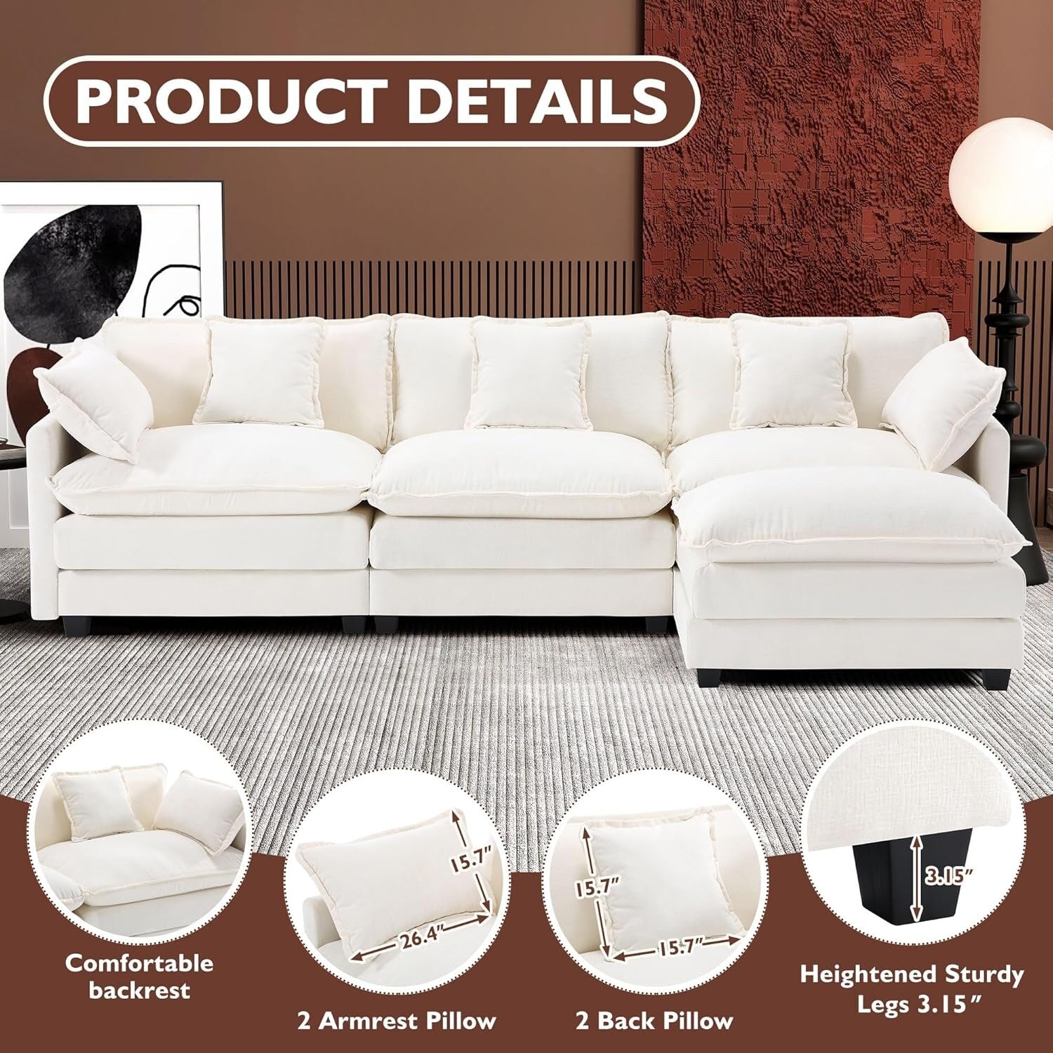 Canapé sectionnel Cloud en L 111.4 avec pouf - Canapé 4 places en chenille pour salon