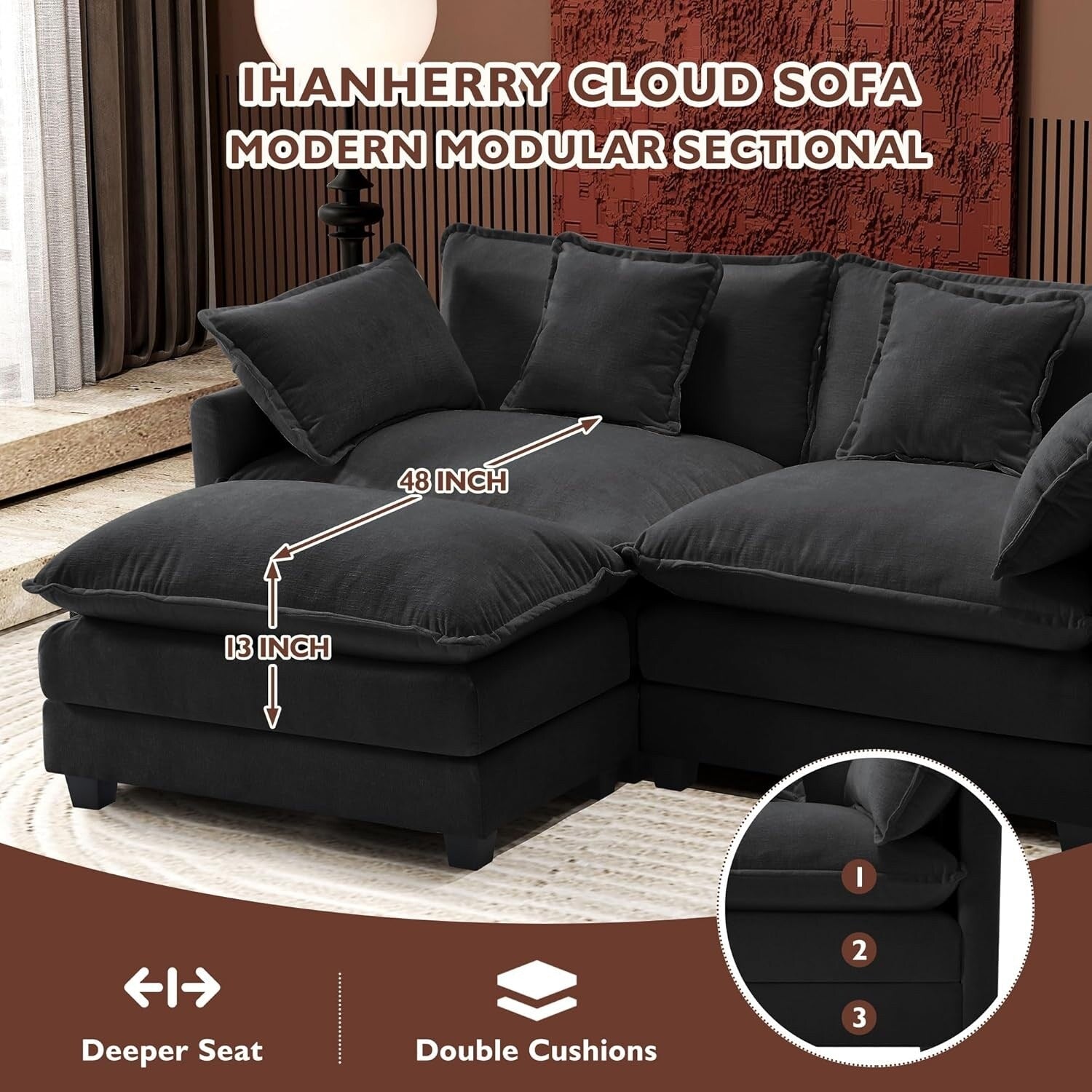 Canapé sectionnel Cloud en L 111.4 avec pouf - Canapé 4 places en chenille pour salon