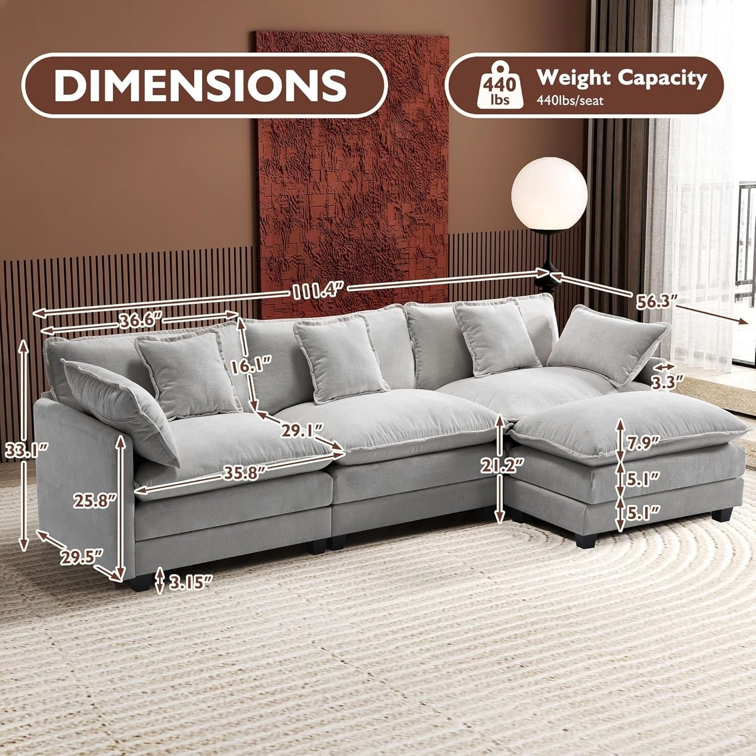 Canapé sectionnel Cloud en L 111.4 avec pouf - Canapé 4 places en chenille pour salon