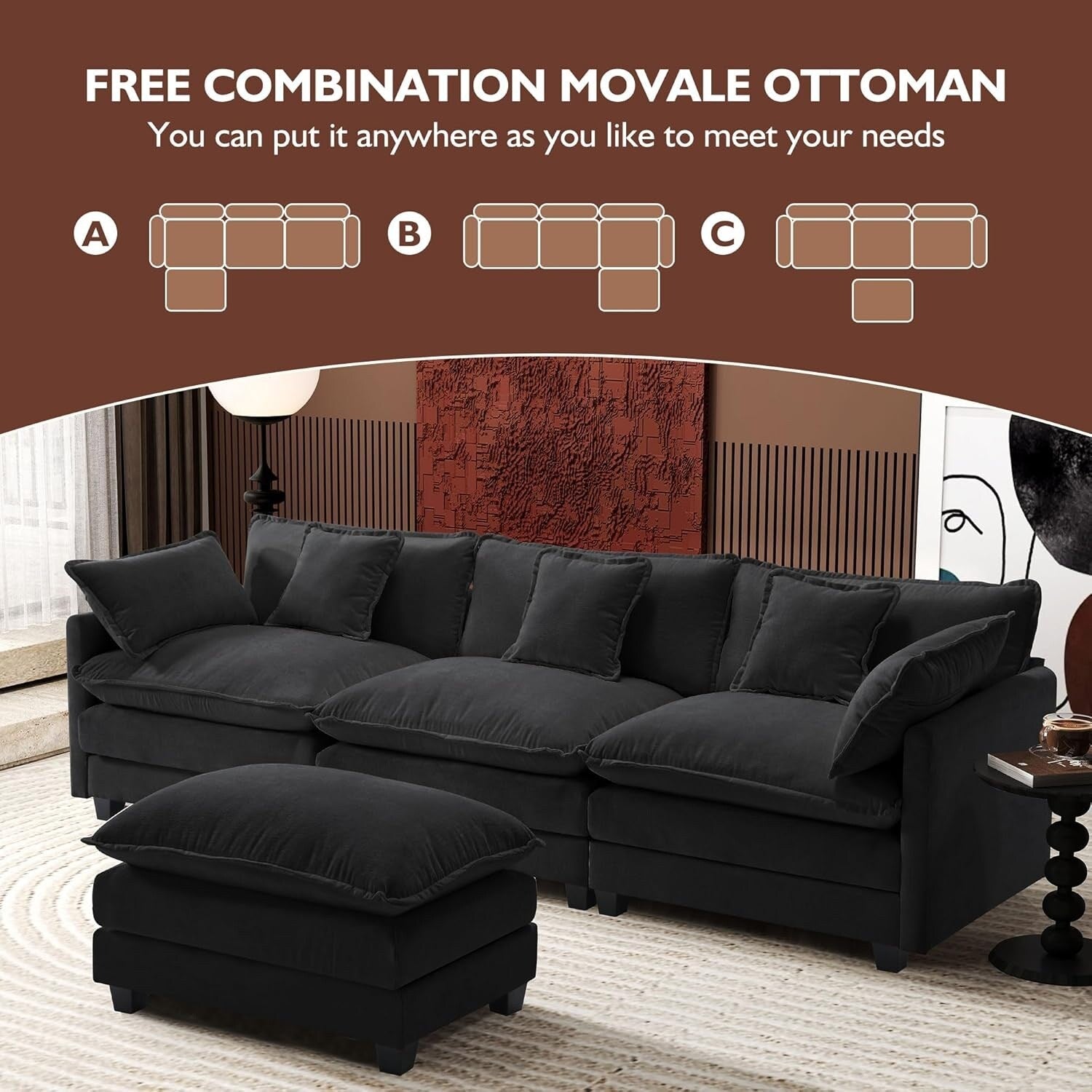 Canapé sectionnel Cloud en L 111.4 avec pouf - Canapé 4 places en chenille pour salon