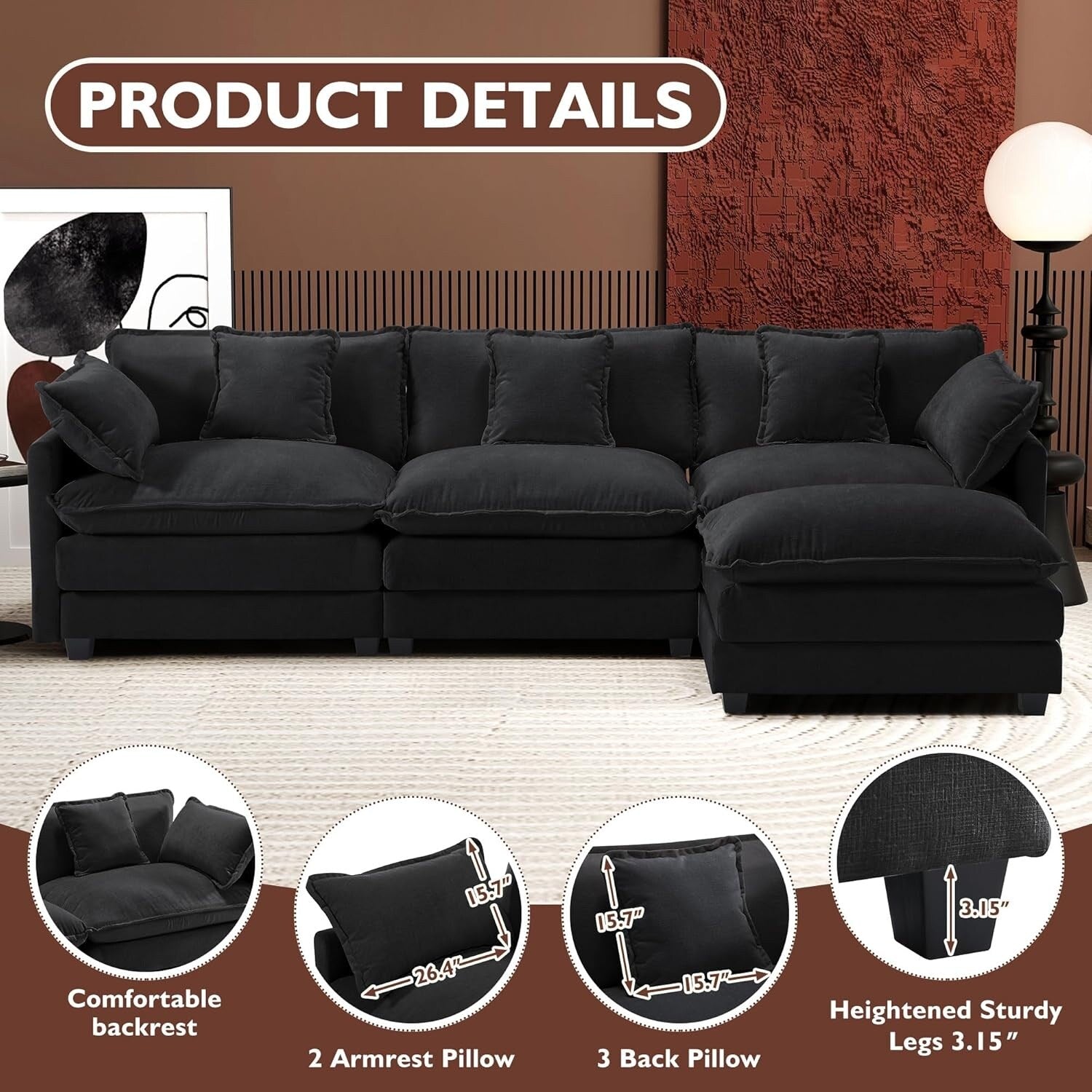 Canapé sectionnel Cloud en L 111.4 avec pouf - Canapé 4 places en chenille pour salon