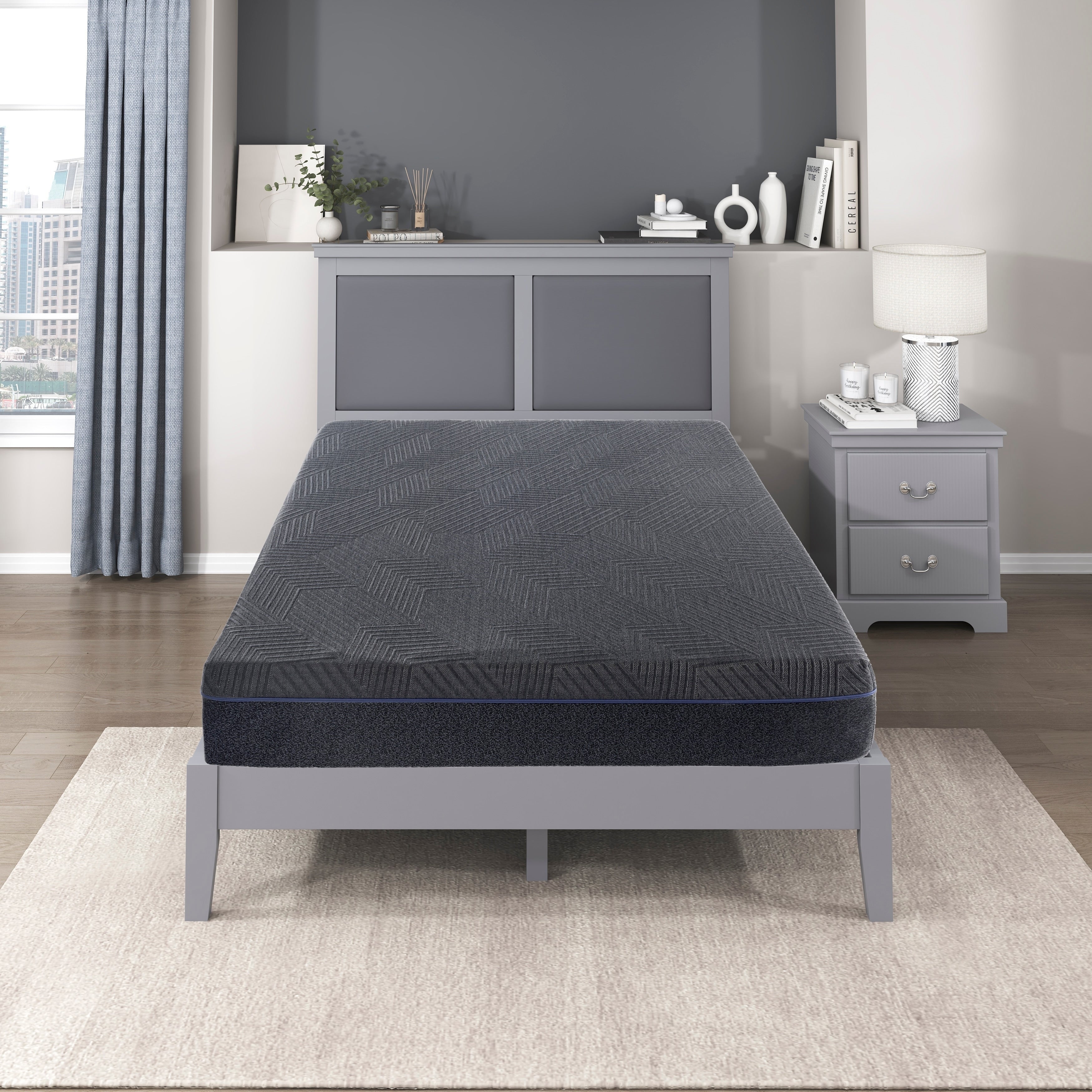 Matelas double 11 pouces en mousse à mémoire de forme infusée de gel au thé vert, gris, matelas dans une boîte