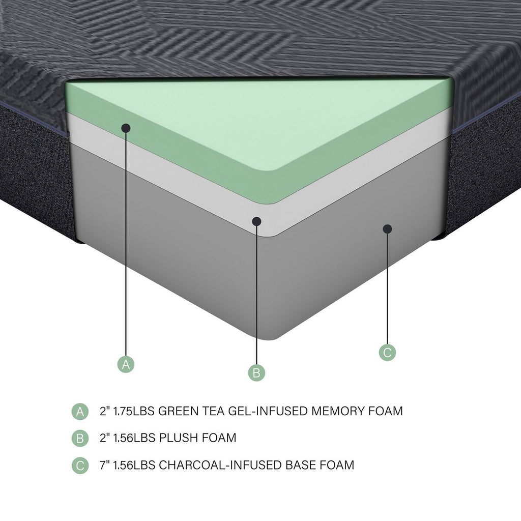 Matelas Queen Size 11 pouces en mousse à mémoire de forme infusée de gel au thé vert, gris, dans une boîte