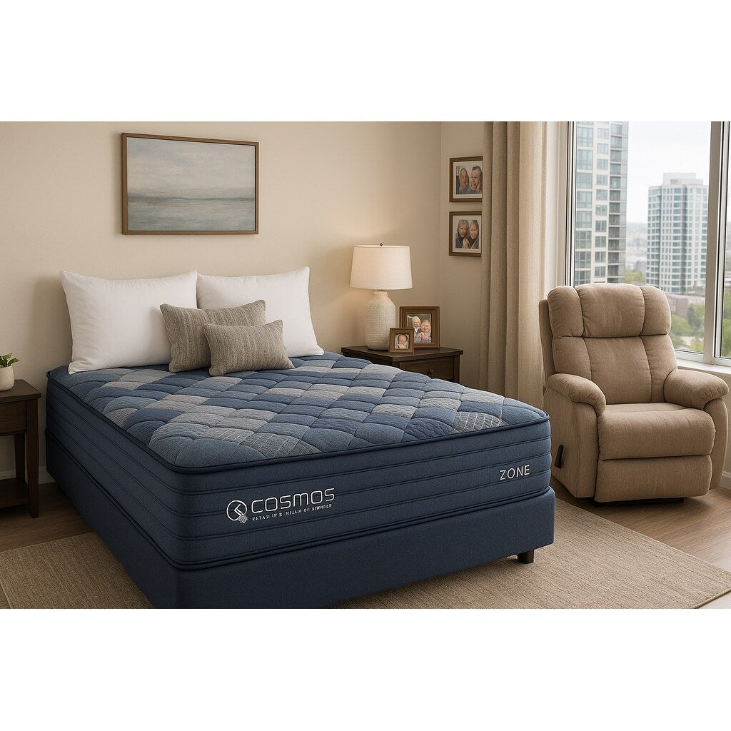 Matelas King Size 12 pouces à ressorts ensachés en mousse à mémoire de forme bleu multicolore, dans une boîte