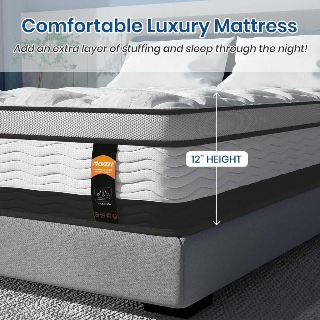 Matelas hybride King de 12 pouces dans une boîte, mousse à mémoire de forme infusée de gel rafraîchissant et matelas à ressorts ensachés, fermeté moyenne
