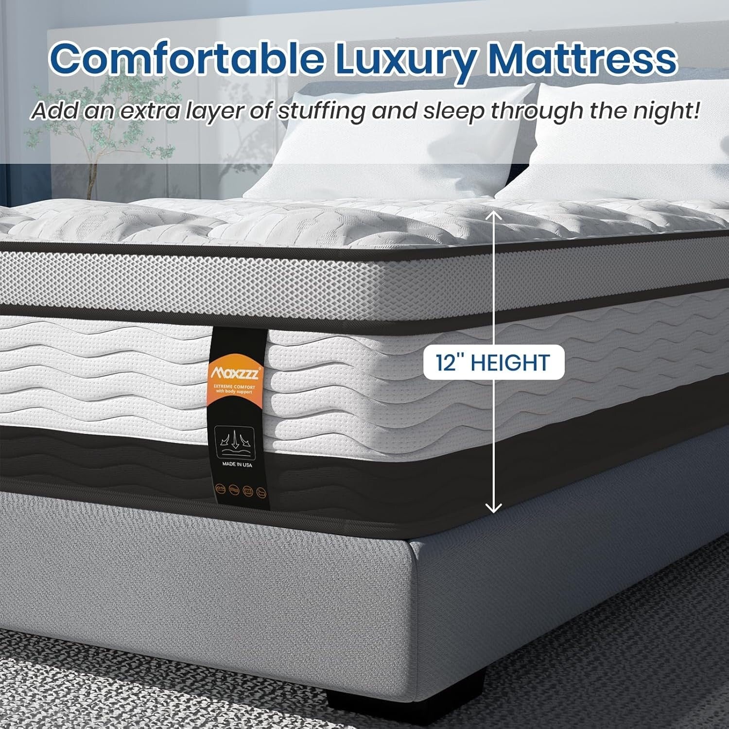 Matelas hybride King de 12 pouces dans une boîte, mousse à mémoire de forme infusée de gel rafraîchissant et matelas à ressorts ensachés, fermeté moyenne
