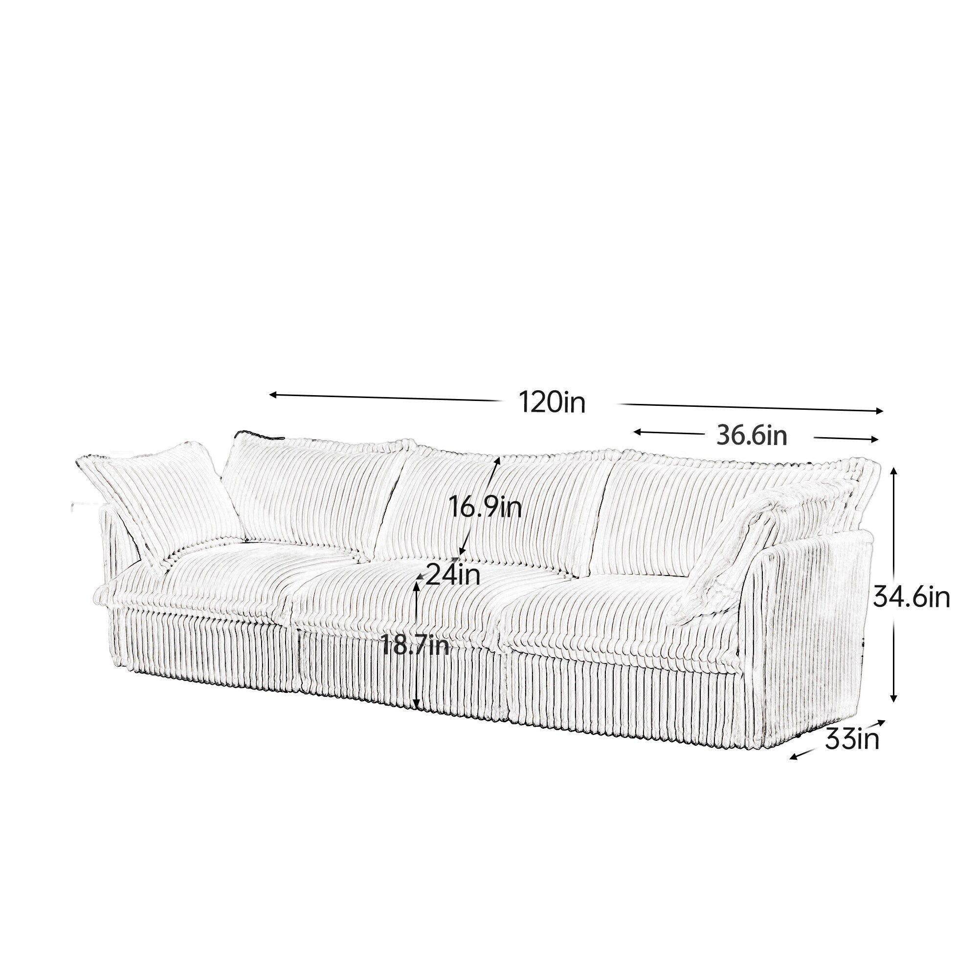 Canapé 4 places en velours côtelé 120 avec plusieurs grands coussins moelleux pour le salon et la chambre