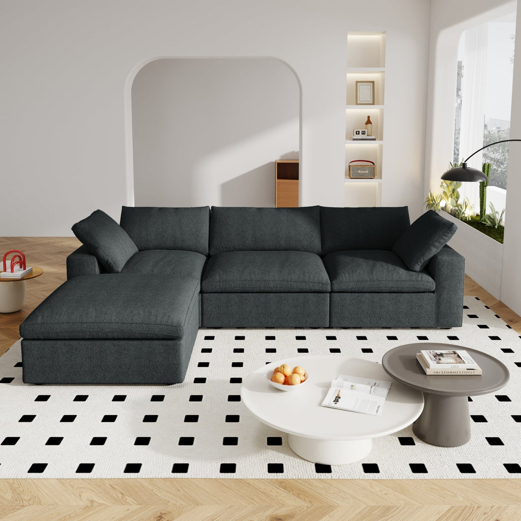 Canapé sectionnel moderne en forme de L de 120 pouces, canapé modulaire en lin avec pouf de rangement