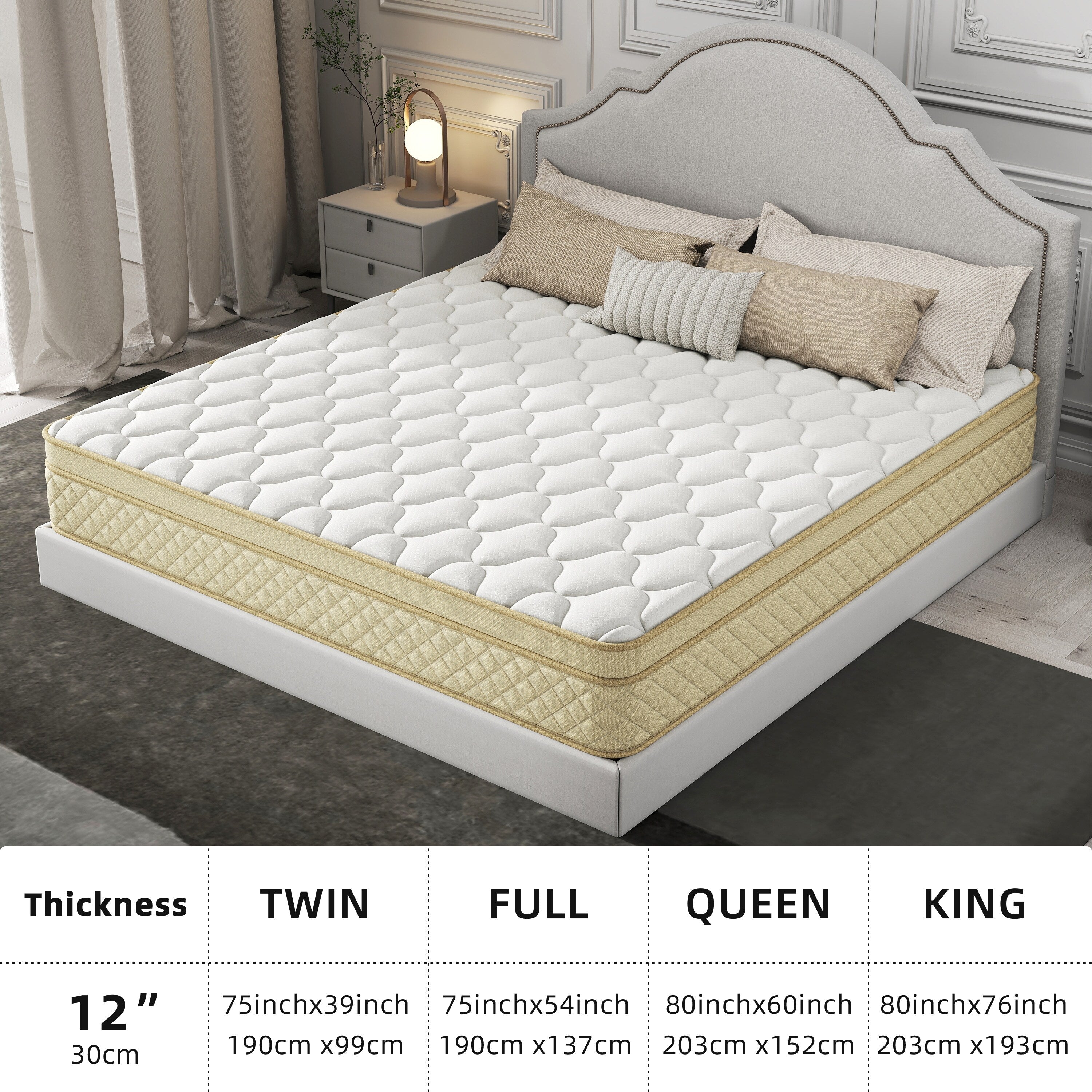 Matelas hybride en mousse à mémoire de forme de taille moyenne, 12 Euro Top, dans une boîte