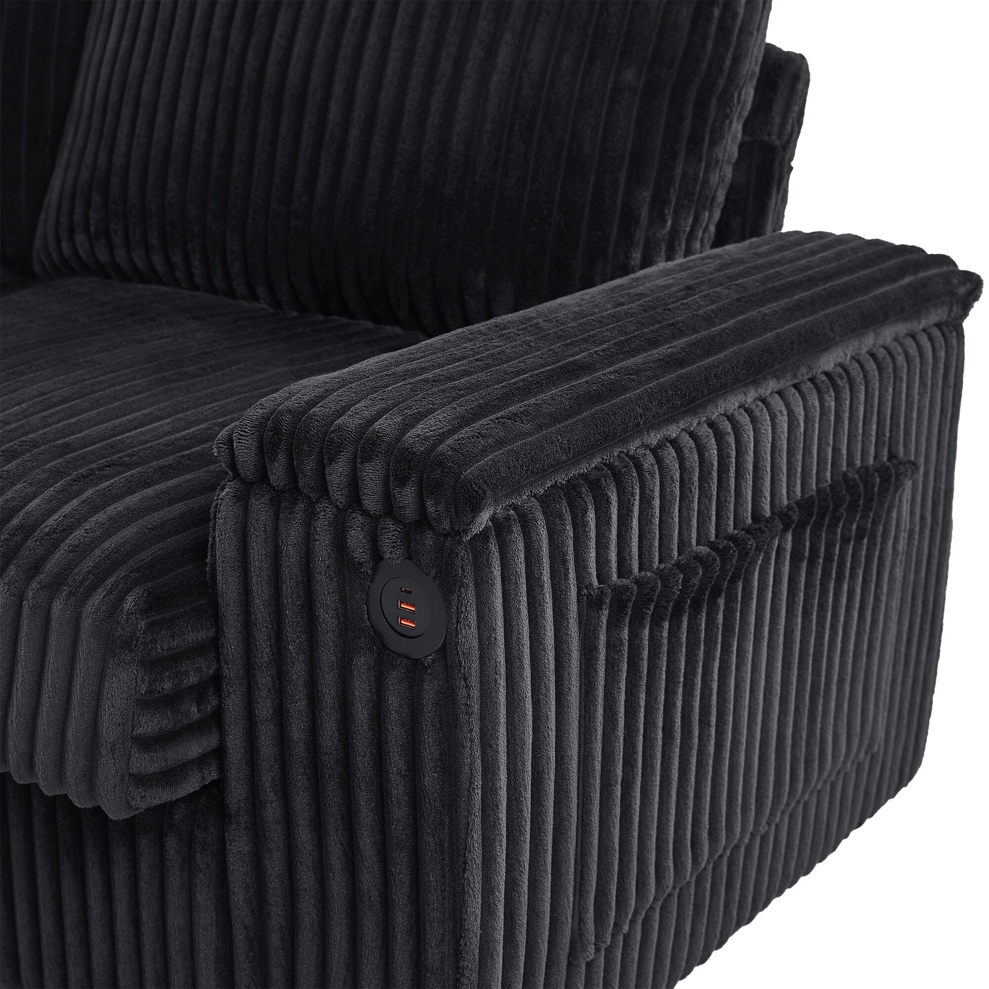 Canapé 4 places en velours côtelé 133 avec ports USB, porte-gobelets rabattables et rangement dissimulé