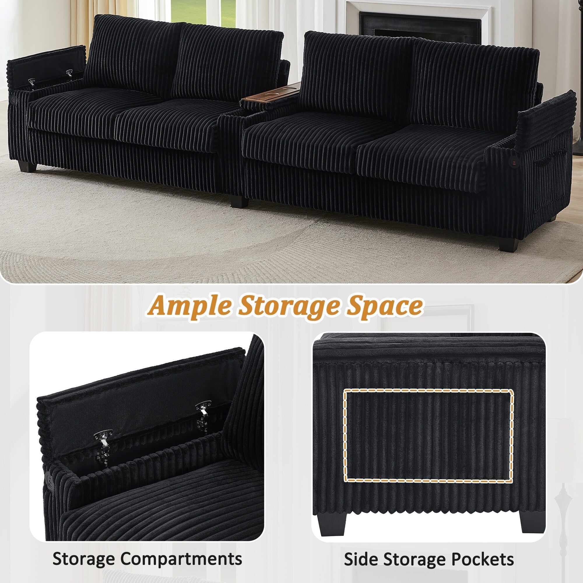 Canapé 4 places en velours côtelé 133 avec ports USB, porte-gobelets rabattables et rangement dissimulé