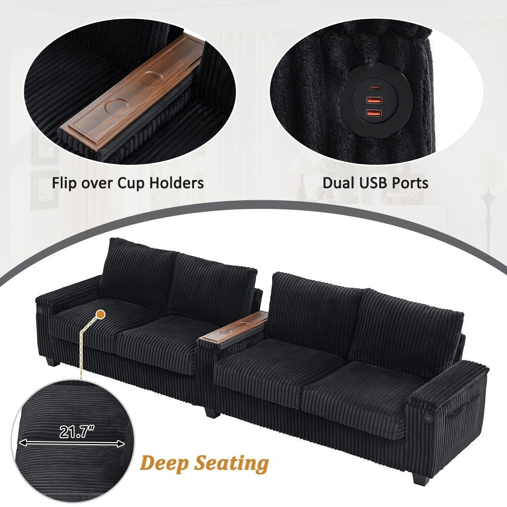 Canapé-lit 4 places moderne en velours côtelé avec ports USB et porte-gobelets rabattables