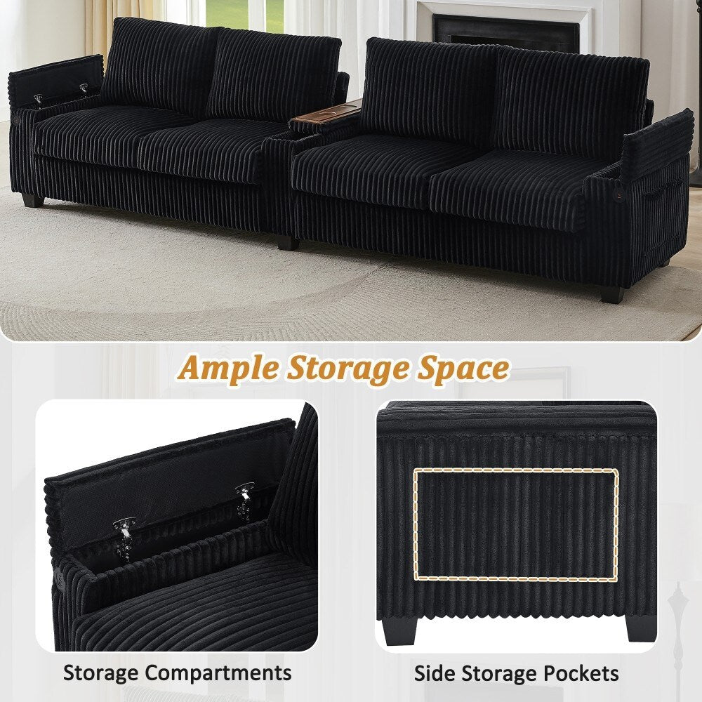 Canapé-lit 4 places moderne en velours côtelé avec ports USB et porte-gobelets rabattables