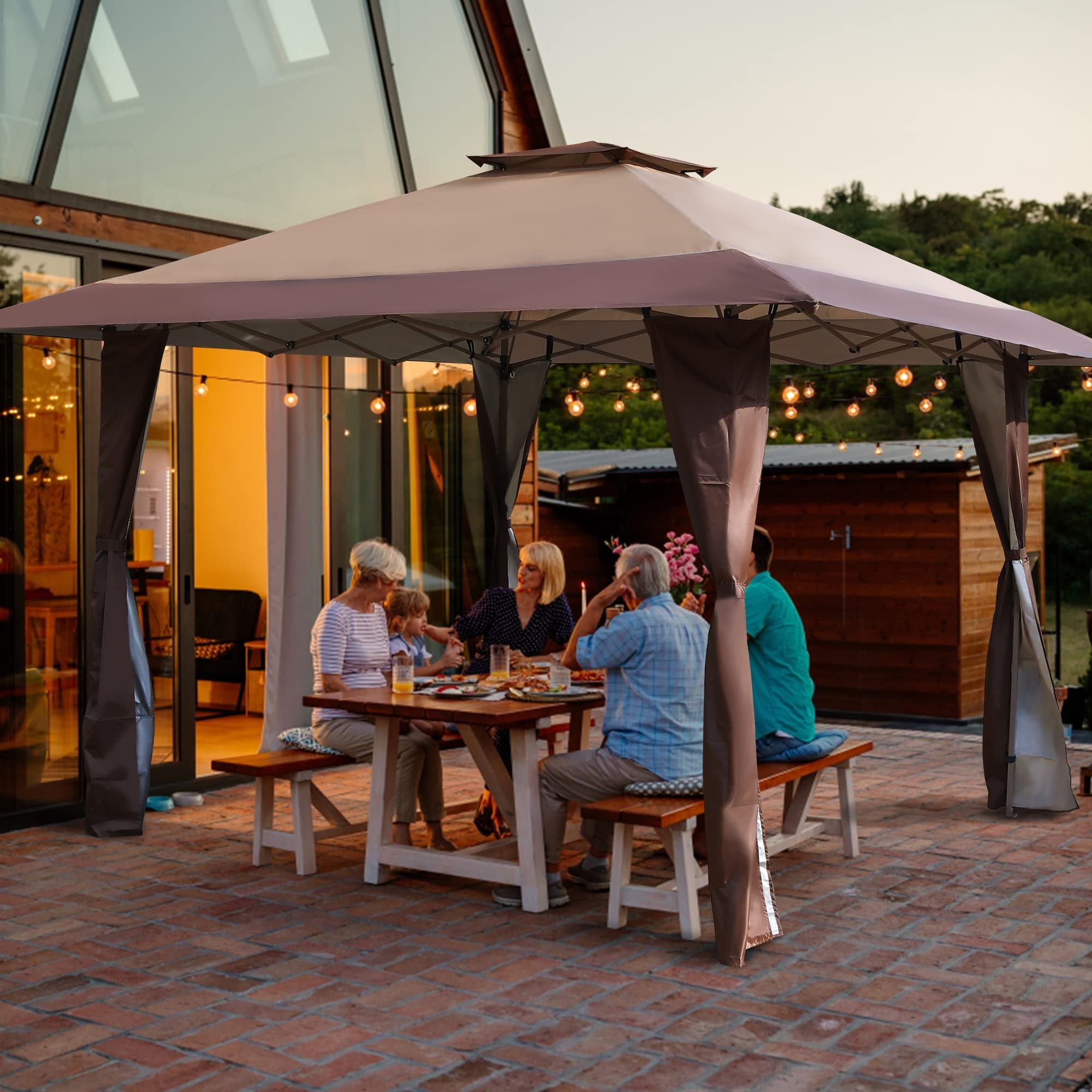 Gazebo de jardin renforcé escamotable avec rideau d'angle élégant - 13 x 13 pi