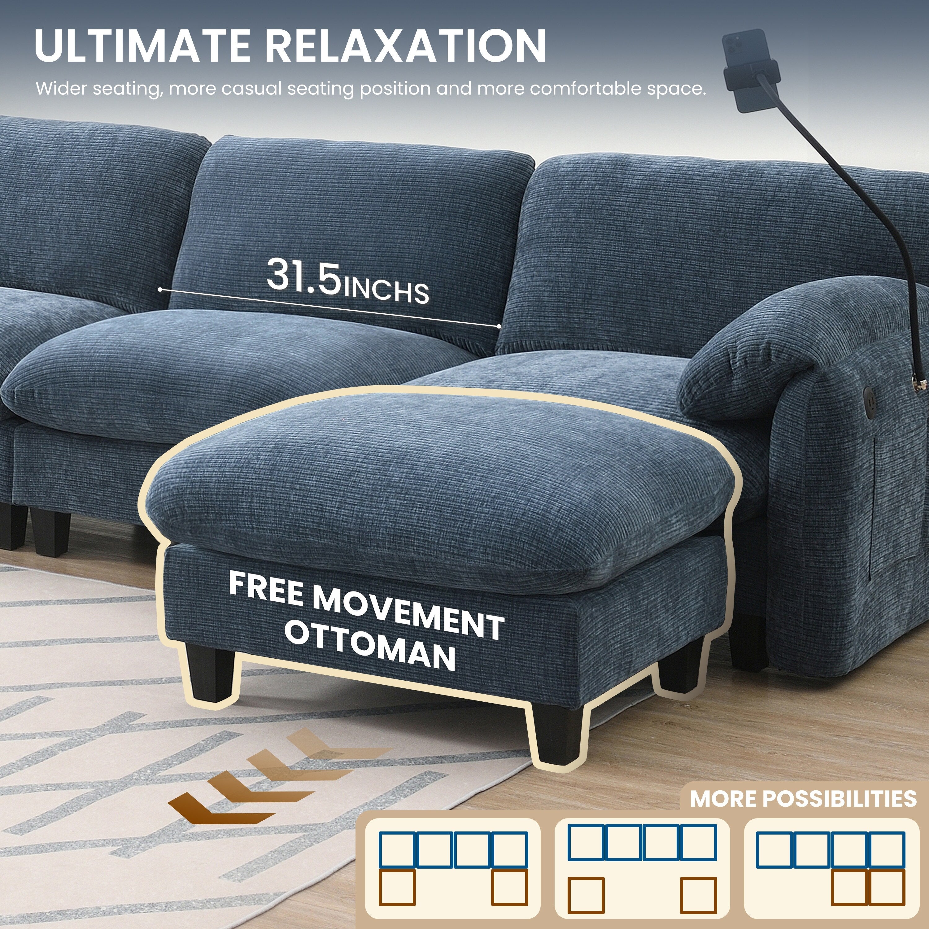 Canapé sectionnel en chenille de 140 pouces avec ports de chargement USB et Type-C, supports de téléphone, poches de rangement latérales et poufs mobiles