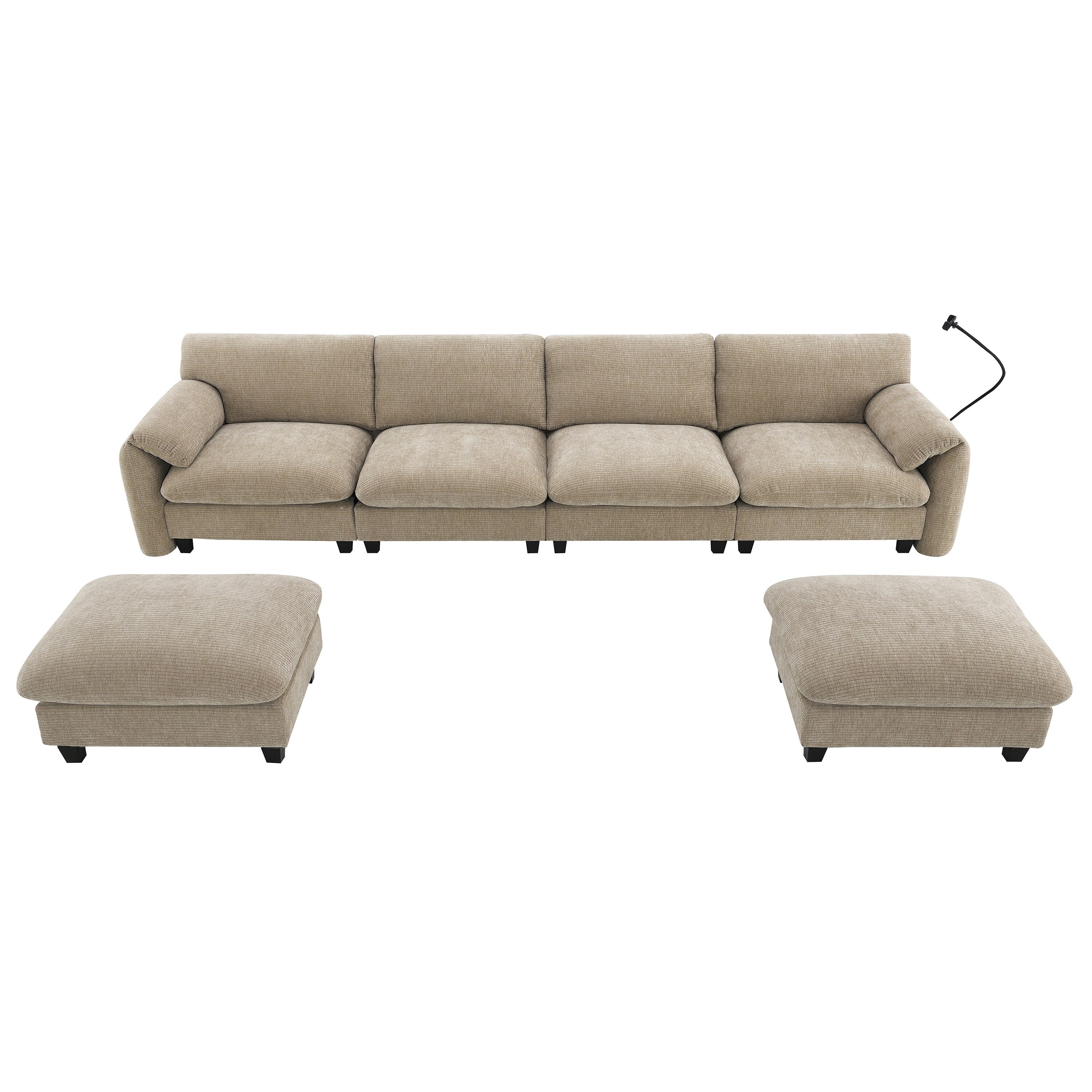Canapé sectionnel en chenille de 140 pouces avec ports de chargement USB et Type-C, supports de téléphone, poches de rangement latérales et poufs mobiles