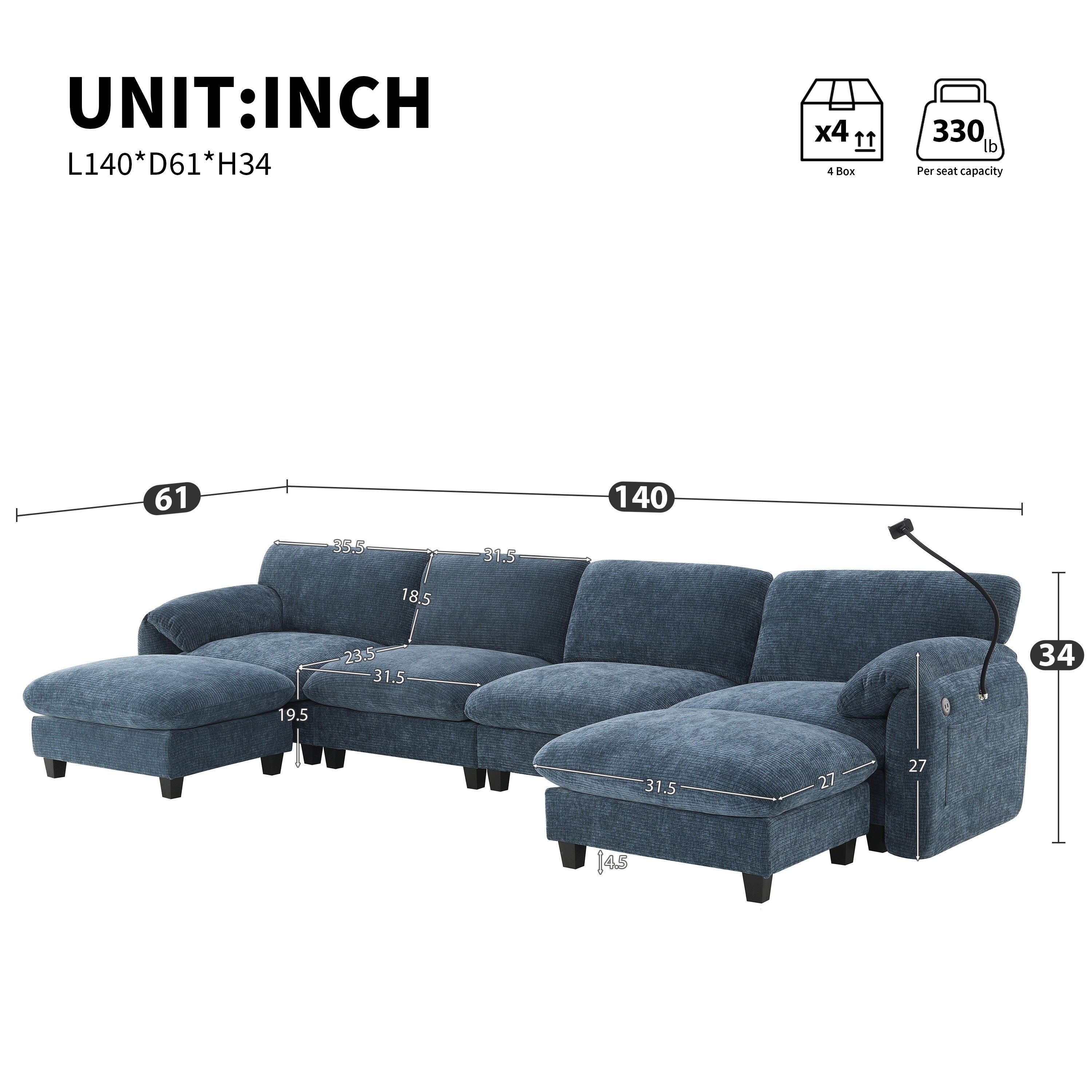 Canapé sectionnel en chenille de 140 pouces avec ports de chargement USB et Type-C, supports de téléphone, poches de rangement latérales et poufs mobiles