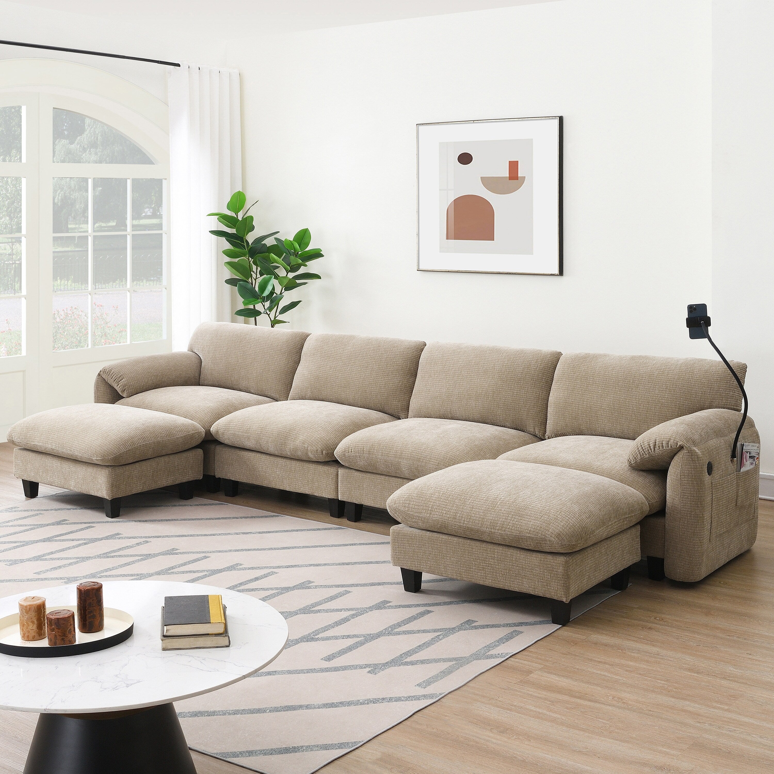Canapé sectionnel en chenille de 140 pouces avec ports de chargement USB et Type-C, supports de téléphone, poches de rangement latérales et poufs mobiles