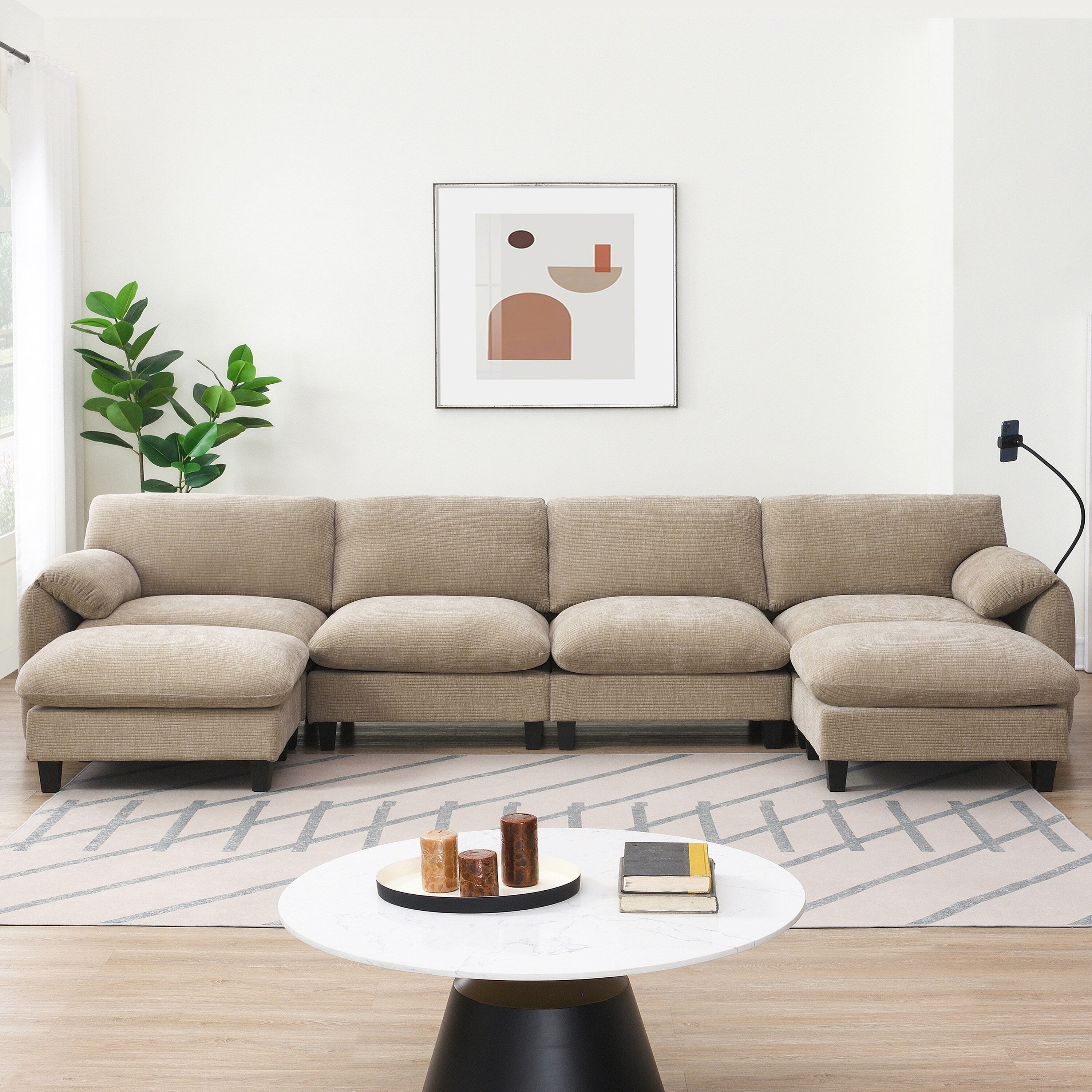 Canapé sectionnel en chenille de 140 pouces avec ports de chargement USB et Type-C, supports de téléphone, poches de rangement latérales et poufs mobiles