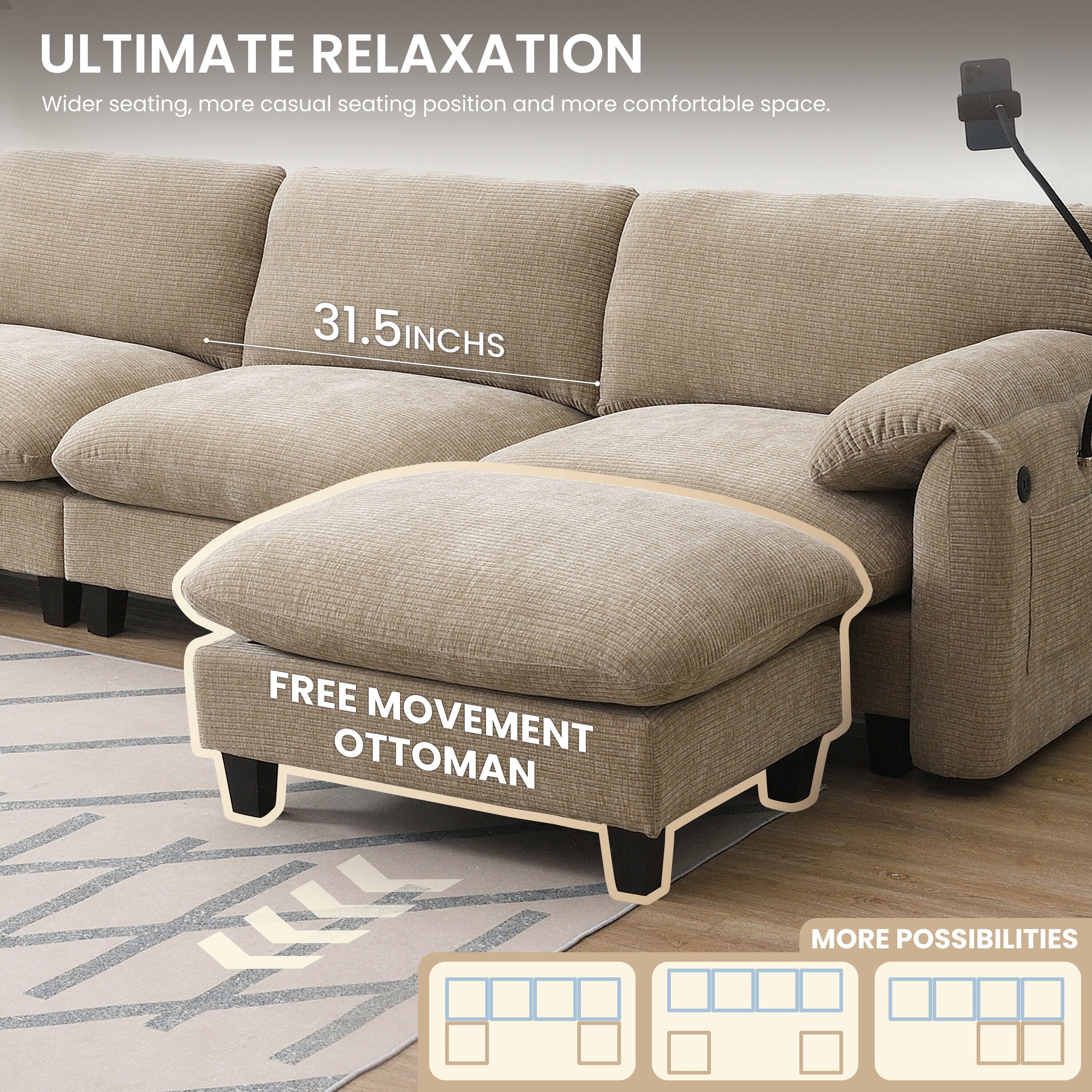 Canapé sectionnel en chenille de 140 pouces avec ports de chargement USB et Type-C, supports de téléphone, poches de rangement latérales et poufs mobiles