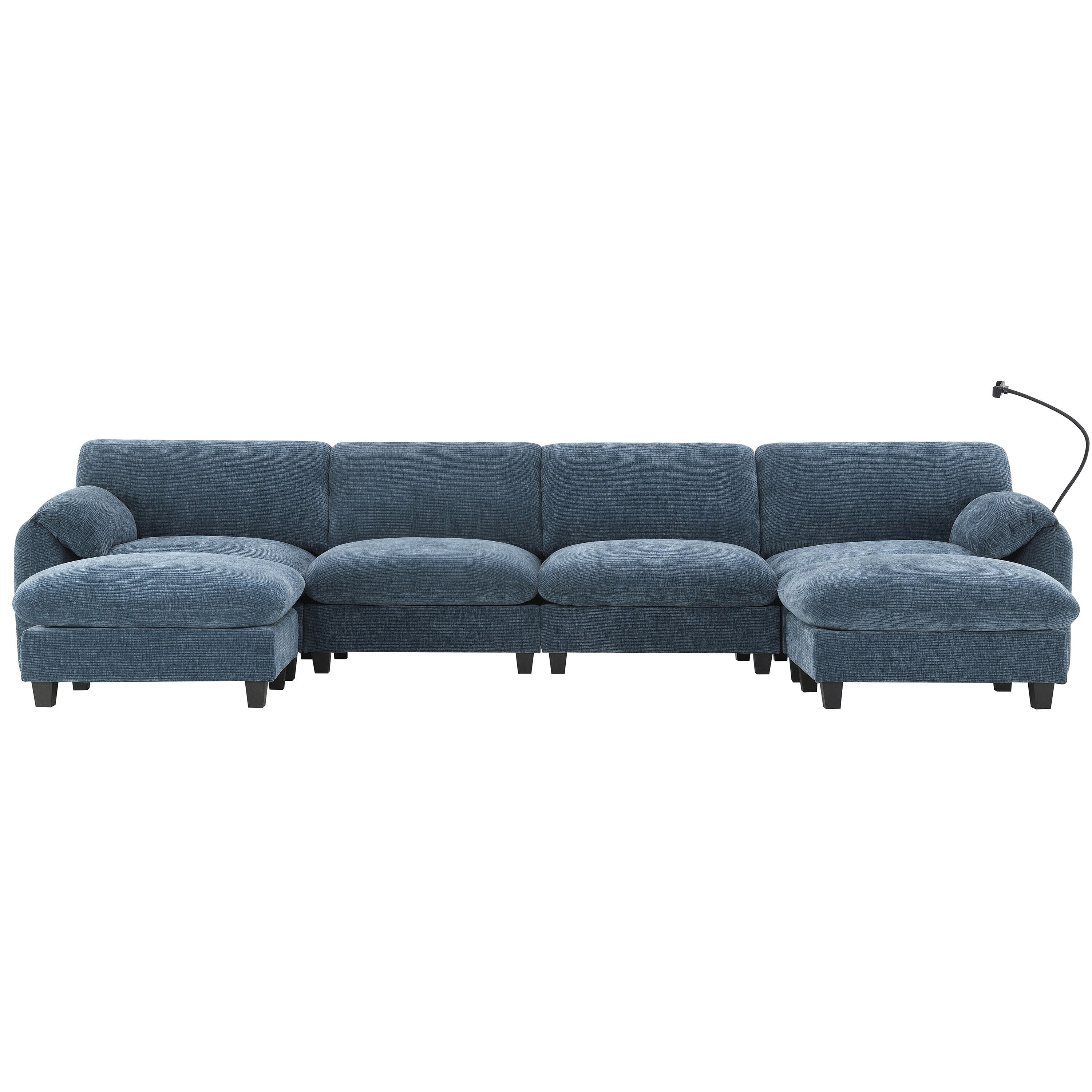 Canapé sectionnel en chenille de 140 pouces avec ports de chargement USB et Type-C, supports de téléphone, poches de rangement latérales et poufs mobiles