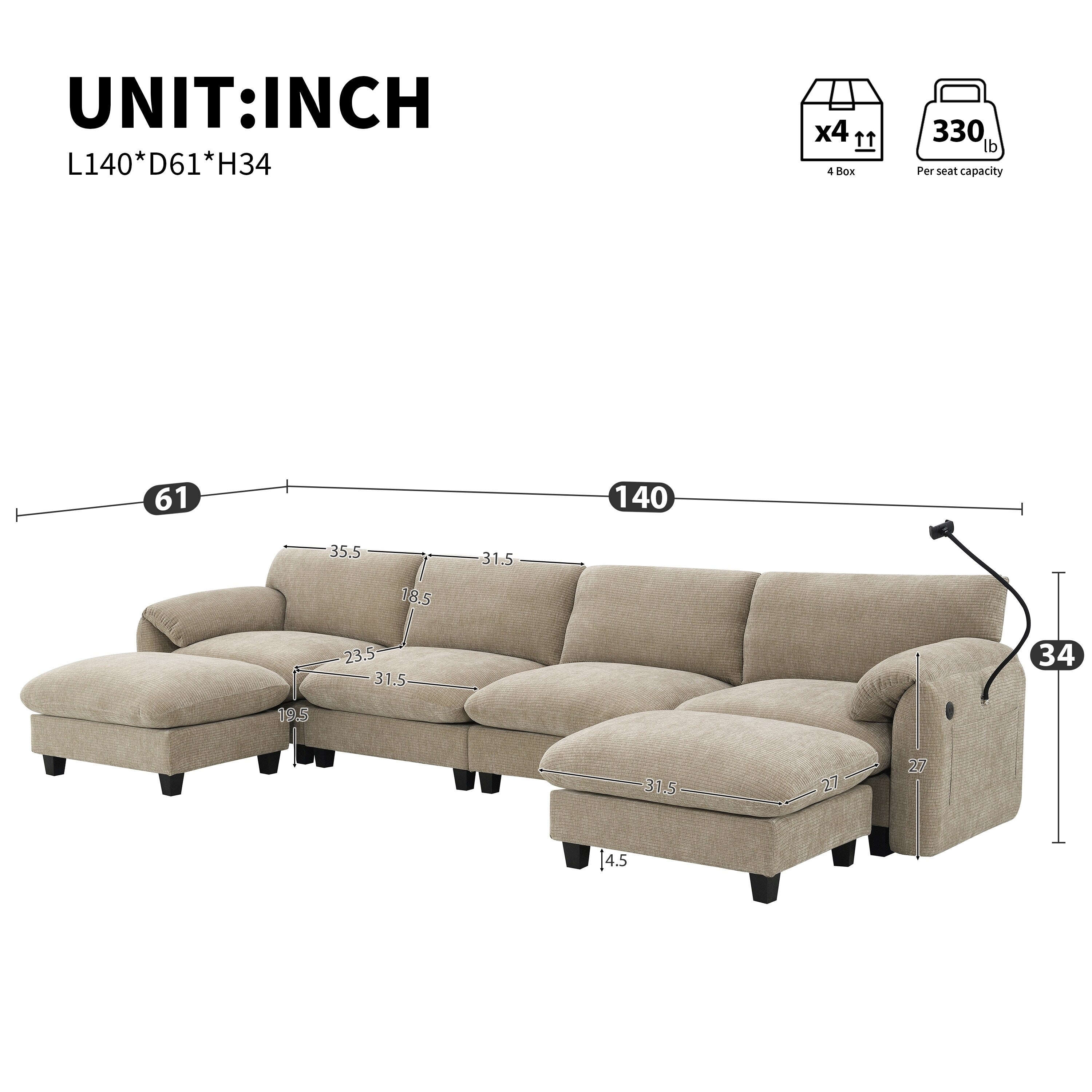 Canapé sectionnel en chenille de 140 pouces avec ports de chargement USB et Type-C, supports de téléphone, poches de rangement latérales et poufs mobiles