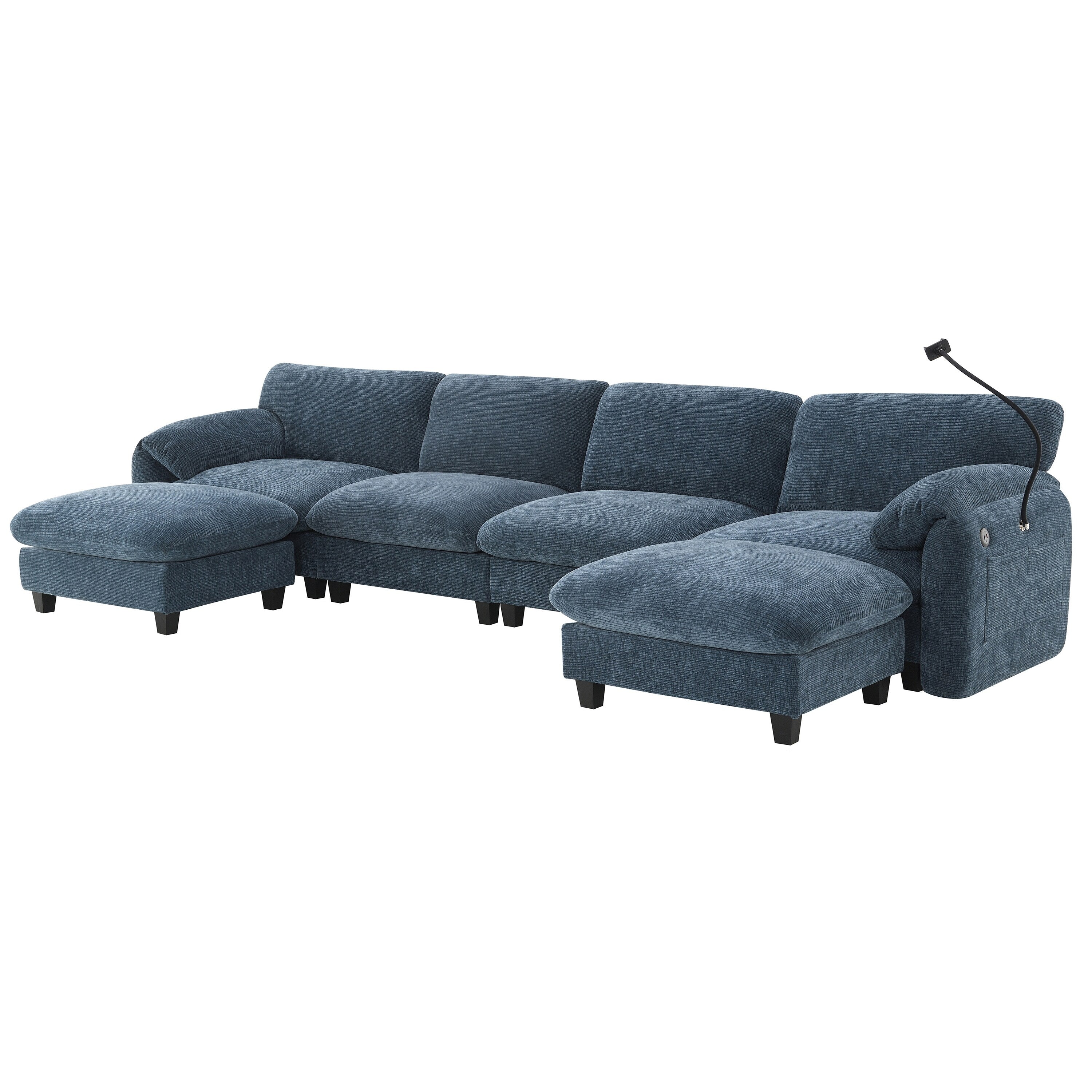 Canapé sectionnel en chenille de 140 pouces avec ports de chargement USB et Type-C, supports de téléphone, poches de rangement latérales et poufs mobiles