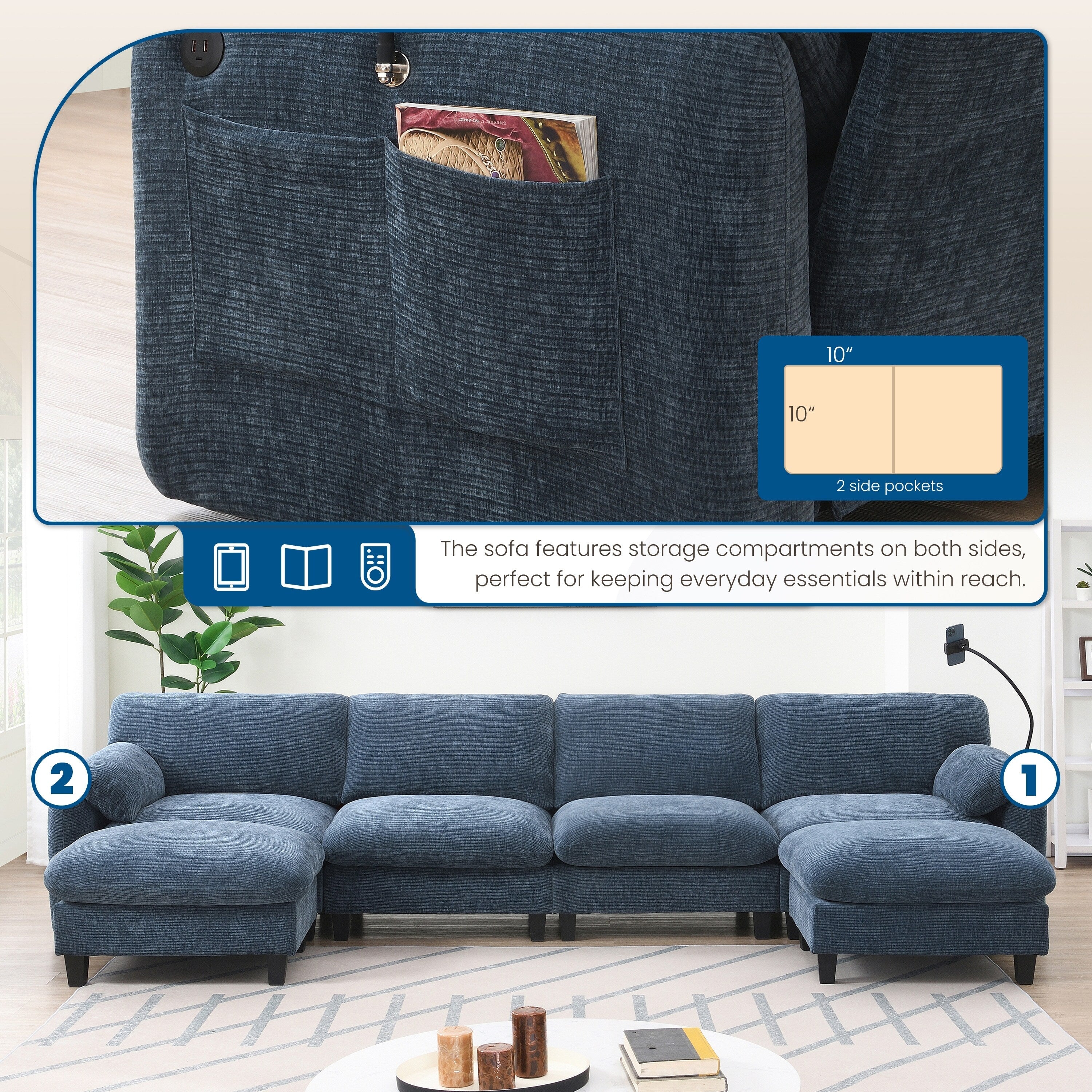 Canapé sectionnel en chenille de 140 pouces avec ports de chargement USB et Type-C, supports de téléphone, poches de rangement latérales et poufs mobiles