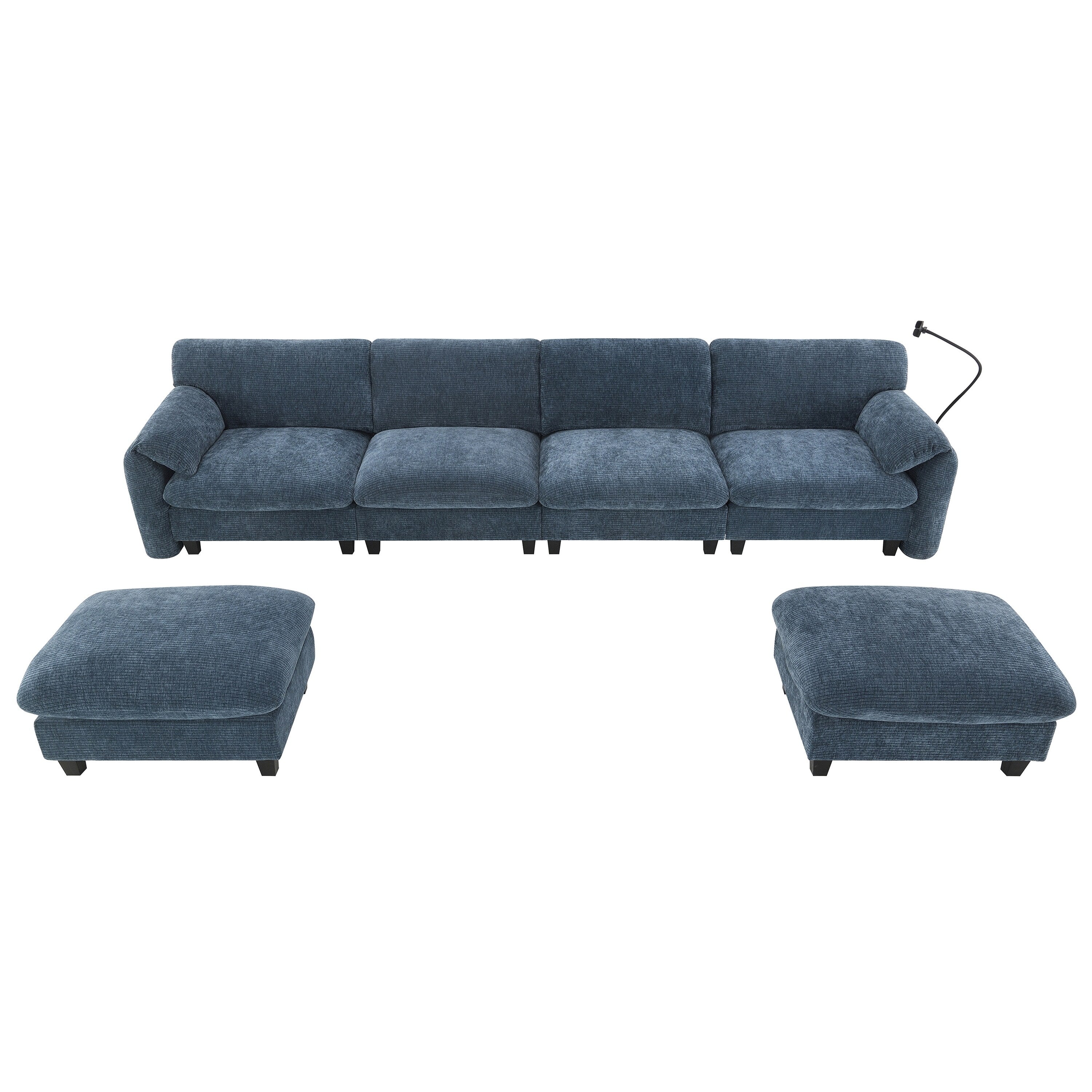 Canapé sectionnel en chenille de 140 pouces avec ports de chargement USB et Type-C, supports de téléphone, poches de rangement latérales et poufs mobiles