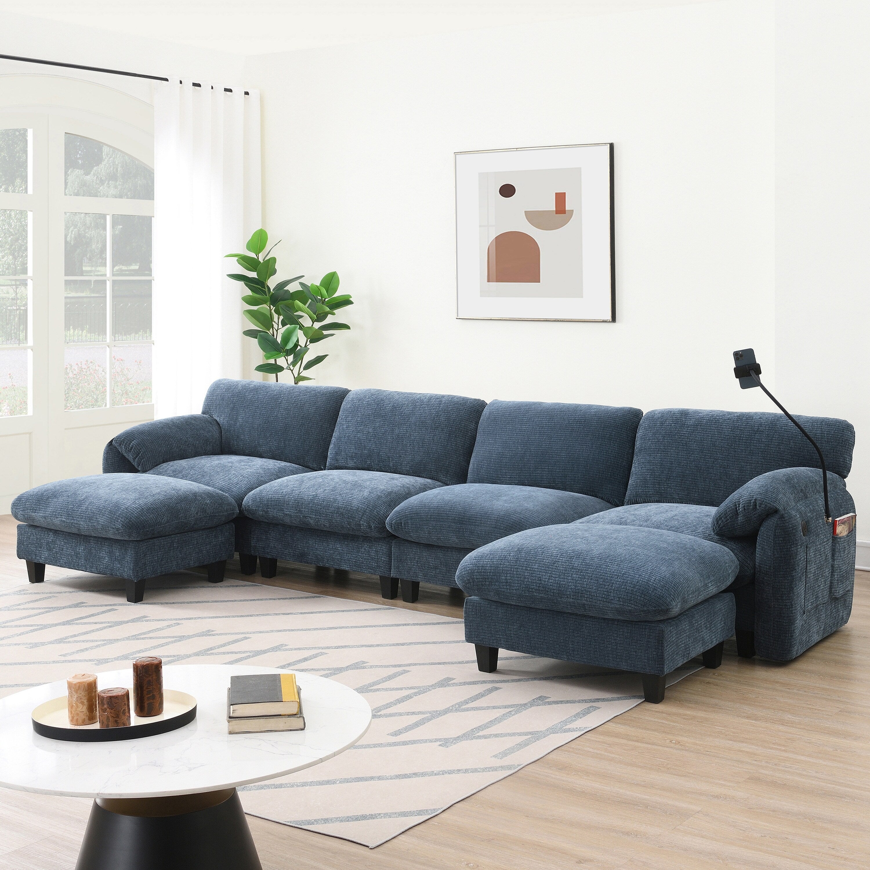 Canapé sectionnel en chenille de 140 pouces avec ports de chargement USB et Type-C, supports de téléphone, poches de rangement latérales et poufs mobiles