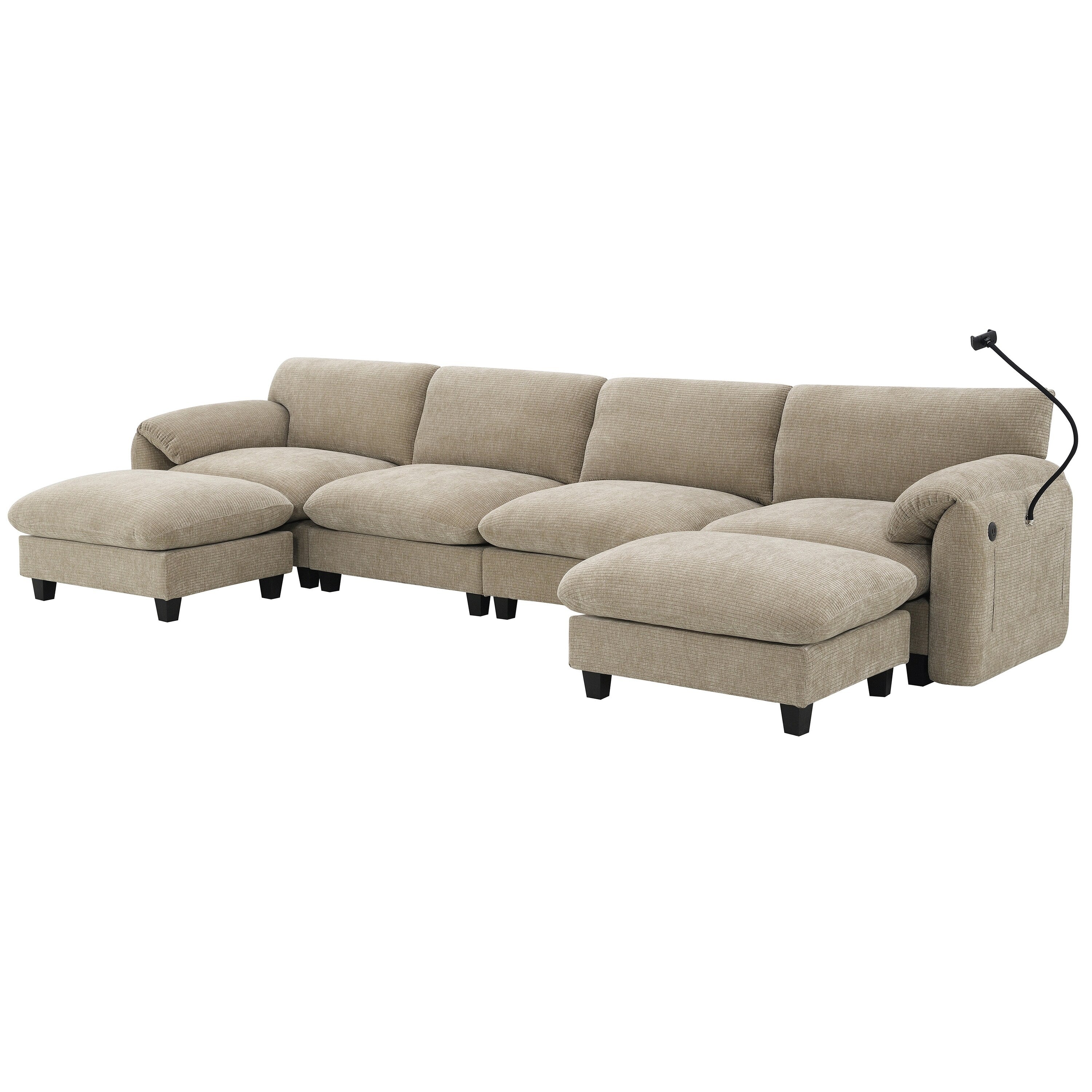 Canapé sectionnel en chenille de 140 pouces avec ports de chargement USB et Type-C, supports de téléphone, poches de rangement latérales et poufs mobiles