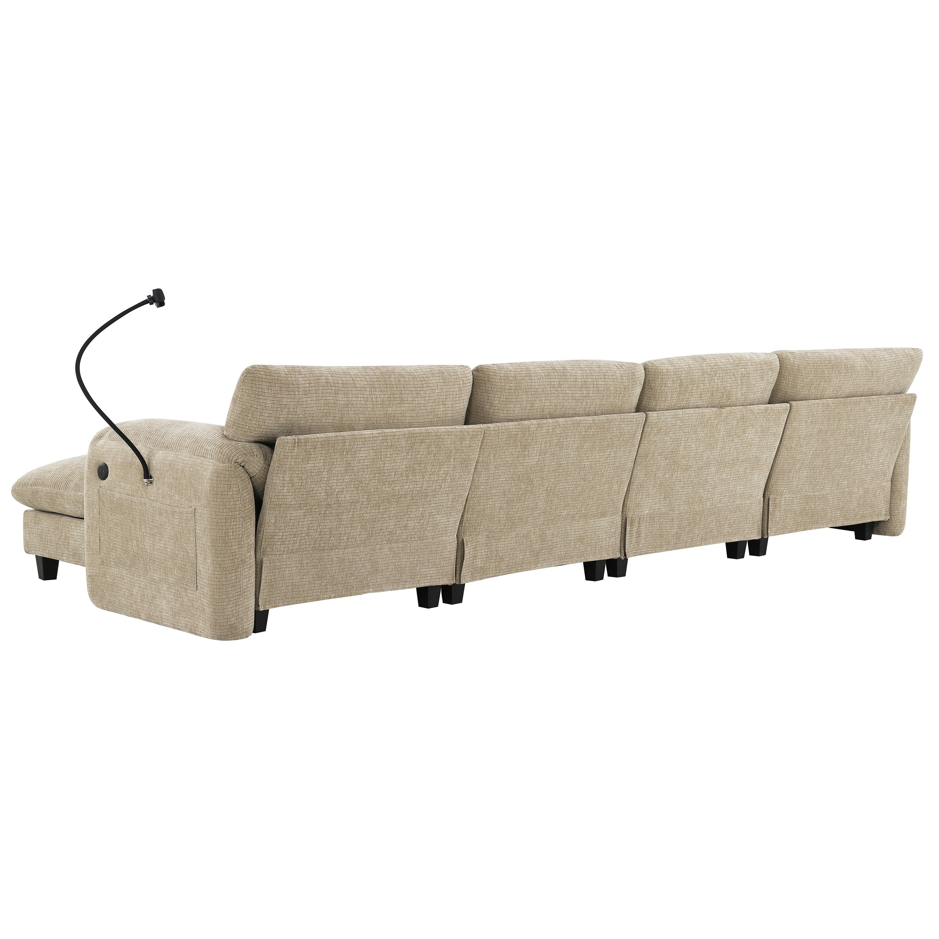 Canapé sectionnel en chenille de 140 pouces avec ports de chargement USB et Type-C, supports de téléphone, poches de rangement latérales et poufs mobiles