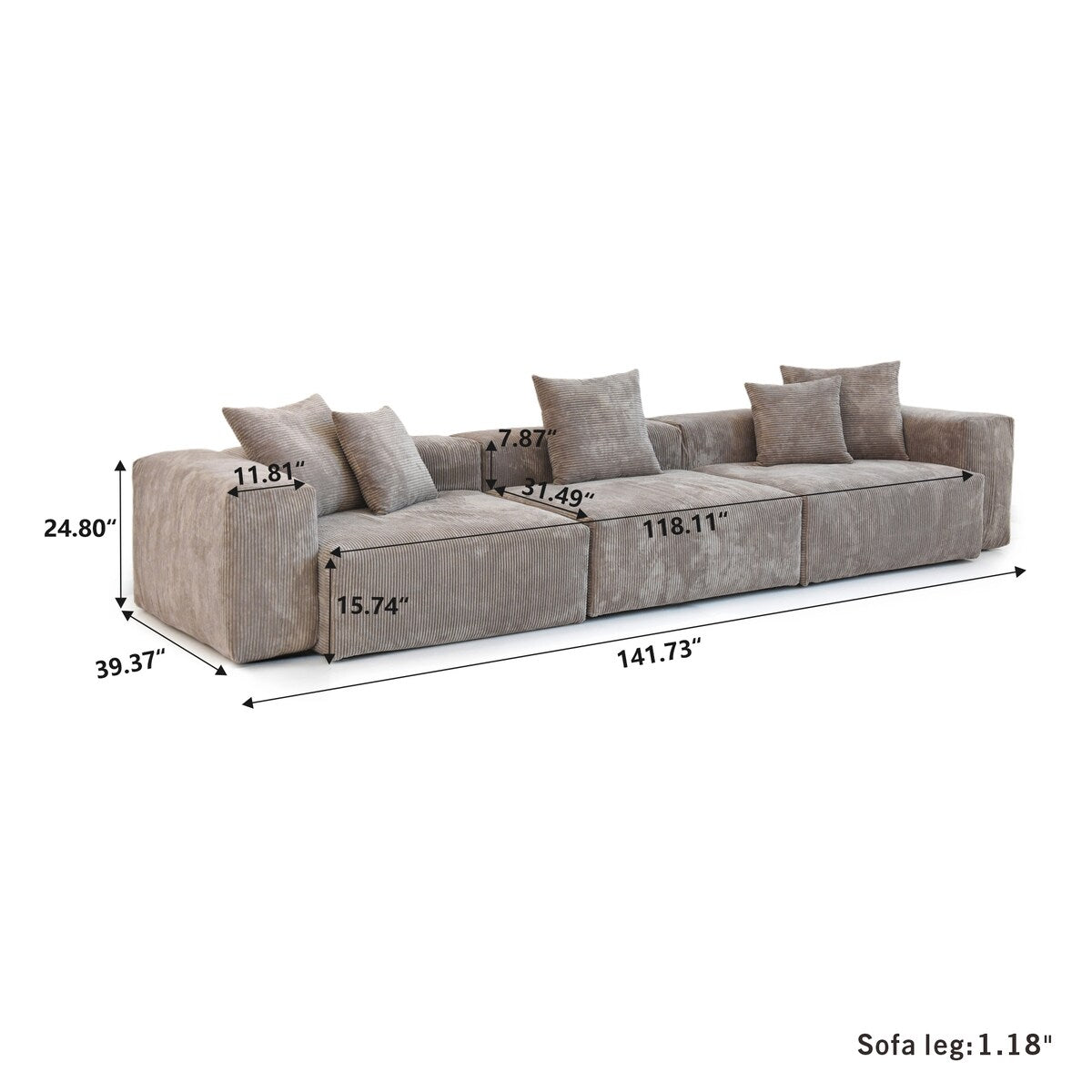 Canapé modulable sectionnel en velours côtelé 141,73 pouces avec coussin épais, canapé convertible à assise profonde pour salon