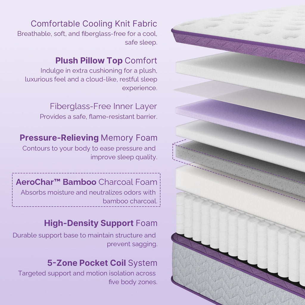 14 Medium Firm Pillow Top Mattress - Bamboo Charcoal Foam, 5-Zone Support, CertiPUR-US? Certified