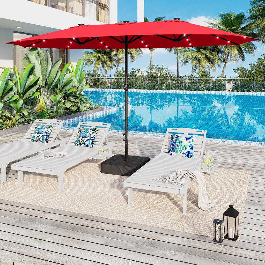 Parasol de marché extérieur rectangulaire à manivelle double face de 15 pieds, parasol de patio éclairé par LED solaire avec base incluse