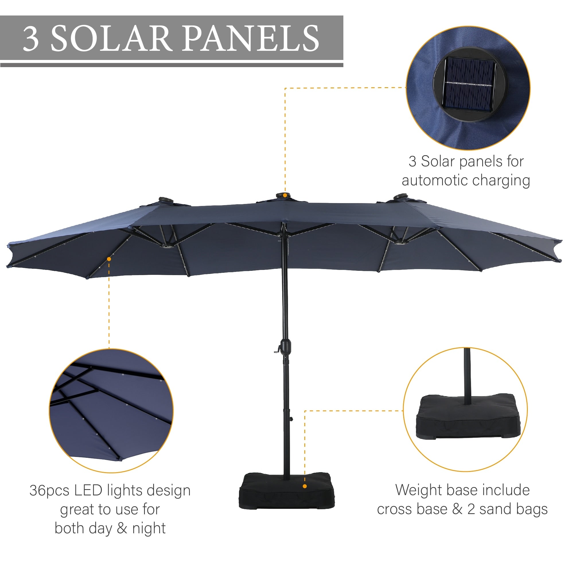 Parasol de marché extérieur rectangulaire à manivelle double face de 15 pieds, parasol de patio éclairé par LED solaire avec base incluse