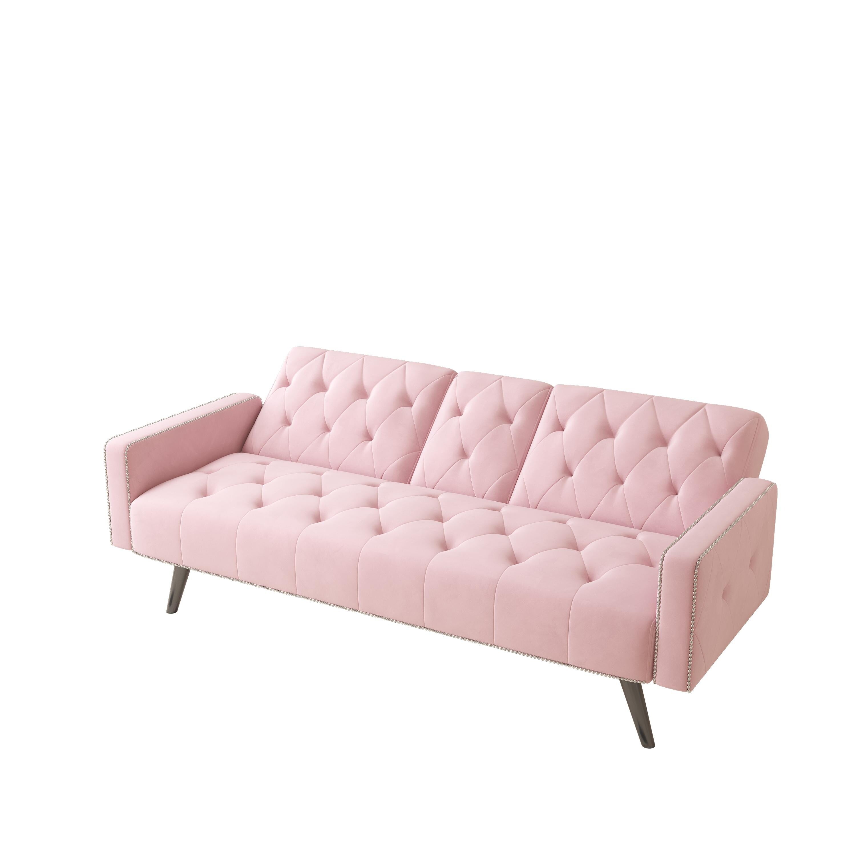 Canapé-lit 1730 avec accoudoirs et garniture cloutée, deux porte-gobelets, canapé en velours rose 72 pour petits espaces