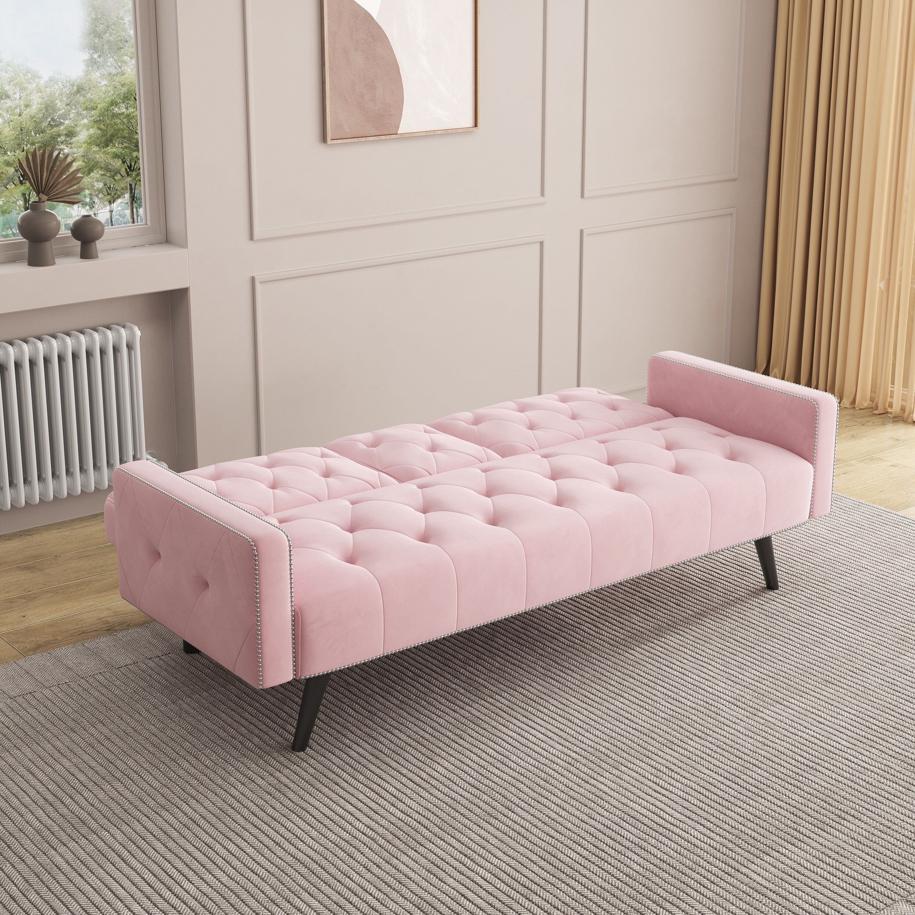 Canapé-lit 1730 avec accoudoirs et garniture cloutée, deux porte-gobelets, canapé en velours rose 72 pour petits espaces