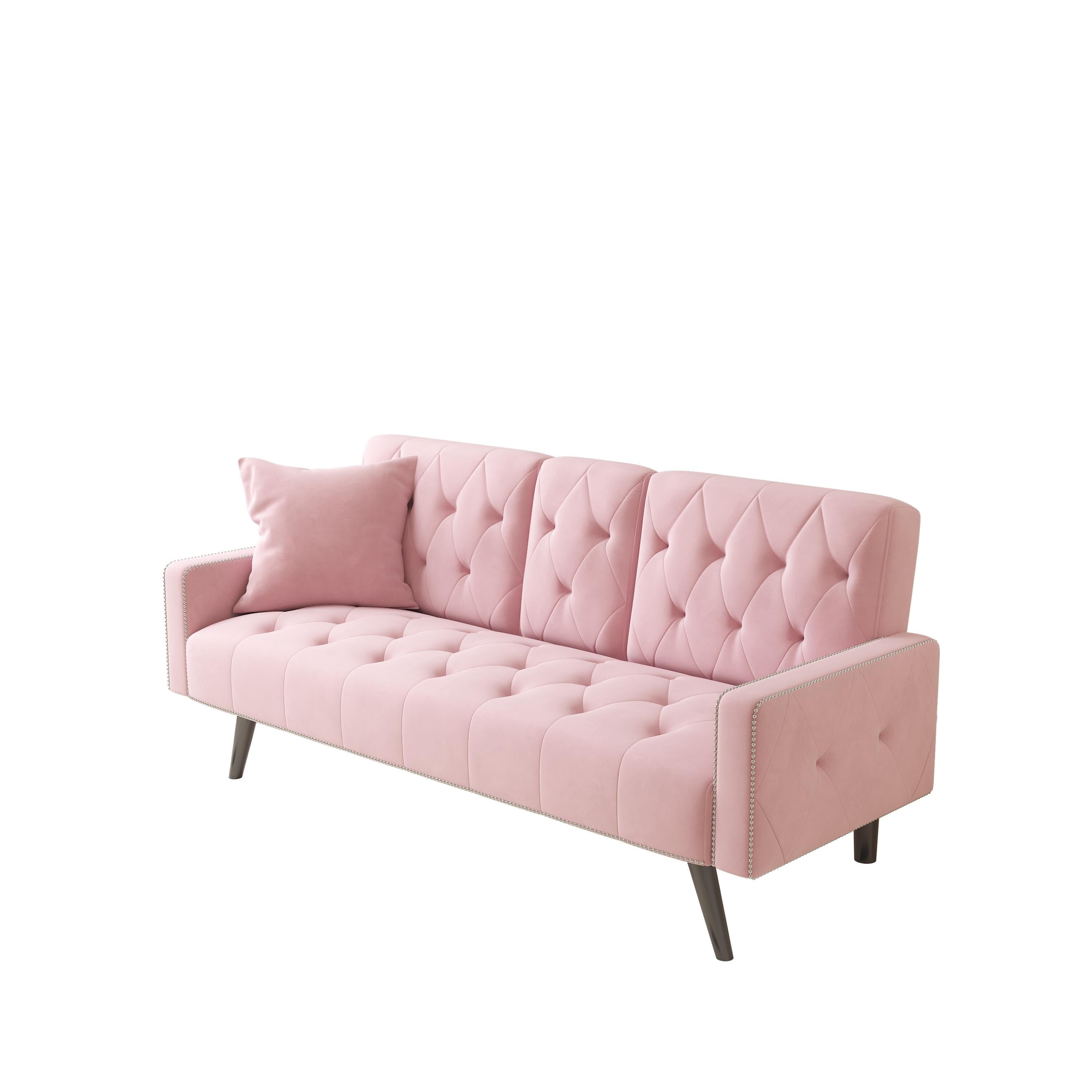 Canapé-lit 1730 avec accoudoirs et garniture cloutée, deux porte-gobelets, canapé en velours rose 72 pour petits espaces