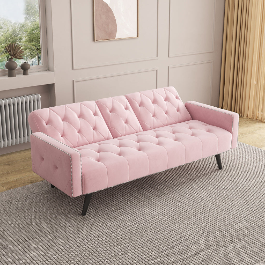 Canapé-lit 1730 avec accoudoirs et garniture cloutée, deux porte-gobelets, canapé en velours rose 72 pour petits espaces