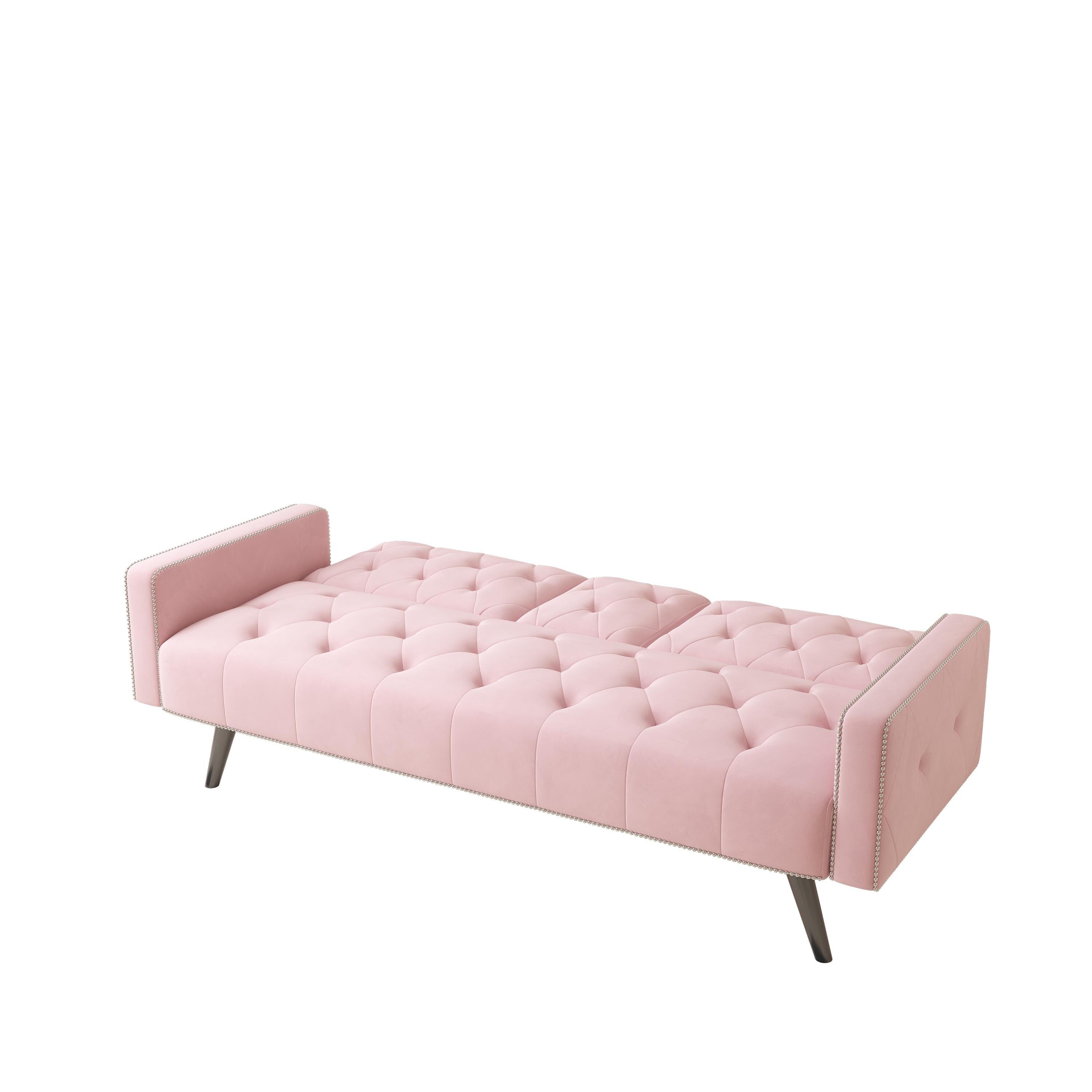 Canapé-lit 1730 avec accoudoirs et garniture cloutée, deux porte-gobelets, canapé en velours rose 72 pour petits espaces