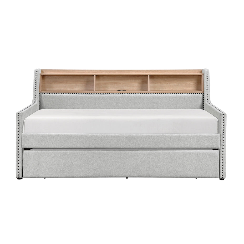 1 lit de repos gris clair avec lit gigogne coulissant, bibliothèque, panneau latéral, ports de charge, garniture cloutée, meubles de design moderne