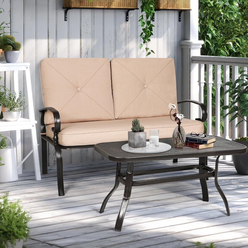 2 Piece Outdoor Patio Garden Bench with Round Coffee Table Set