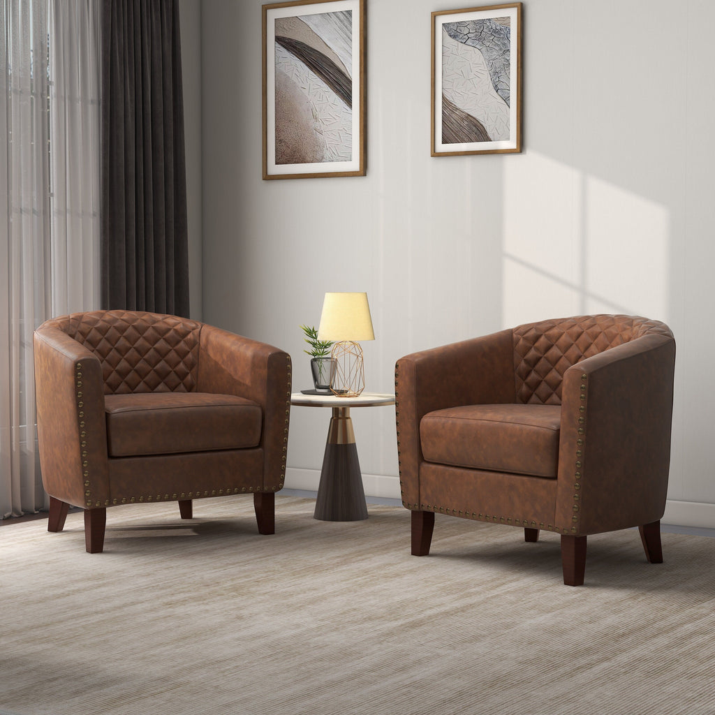 Lot de 2 chaises d'appoint tonneau en cuir vegan de 29 W avec garniture cloutée