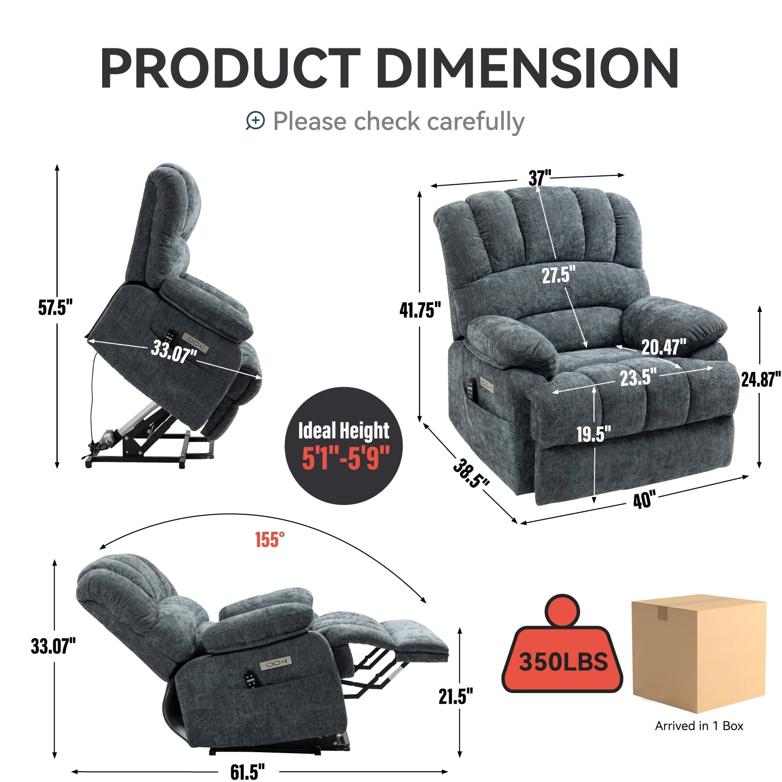 Fauteuil inclinable électrique de grande taille en chenille avec siège large et dossier haut, massage par vibration à 8 points et chauffage lombaire