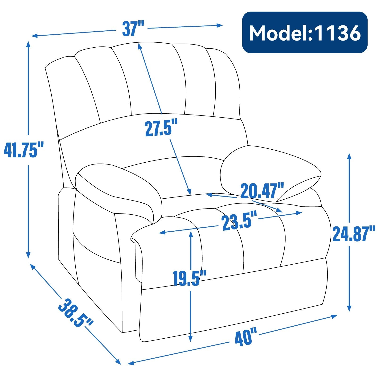 Fauteuil inclinable électrique de grande taille en chenille avec siège large et dossier haut, massage par vibration à 8 points et chauffage lombaire