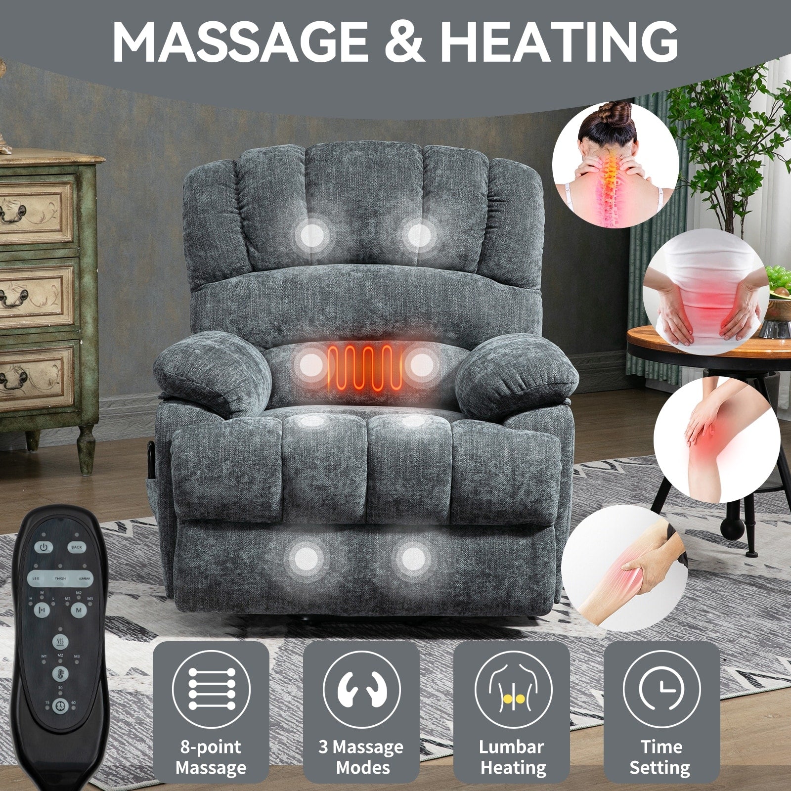 Fauteuil inclinable électrique de grande taille en chenille avec siège large et dossier haut, massage par vibration à 8 points et chauffage lombaire