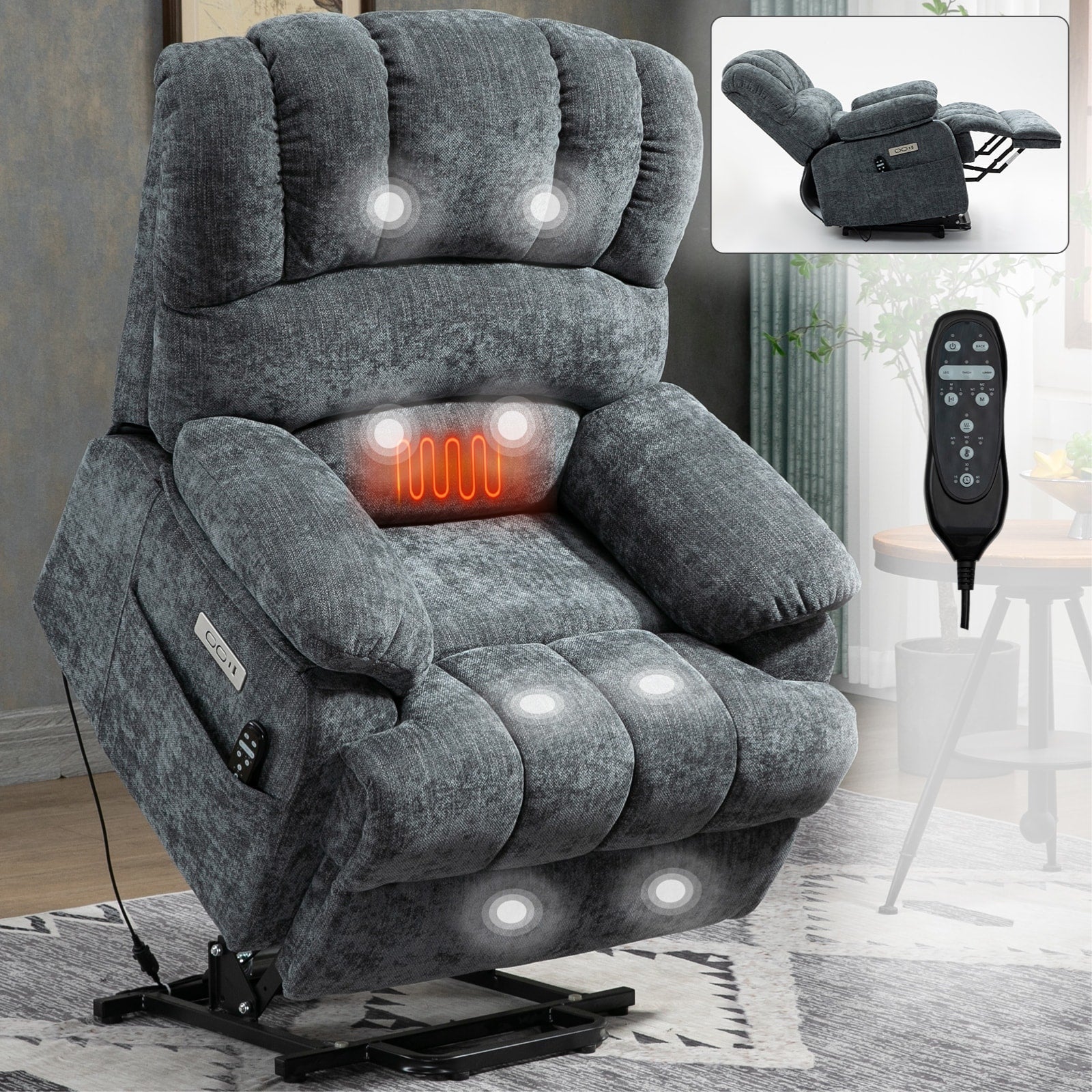 Fauteuil inclinable électrique de grande taille en chenille avec siège large et dossier haut, massage par vibration à 8 points et chauffage lombaire